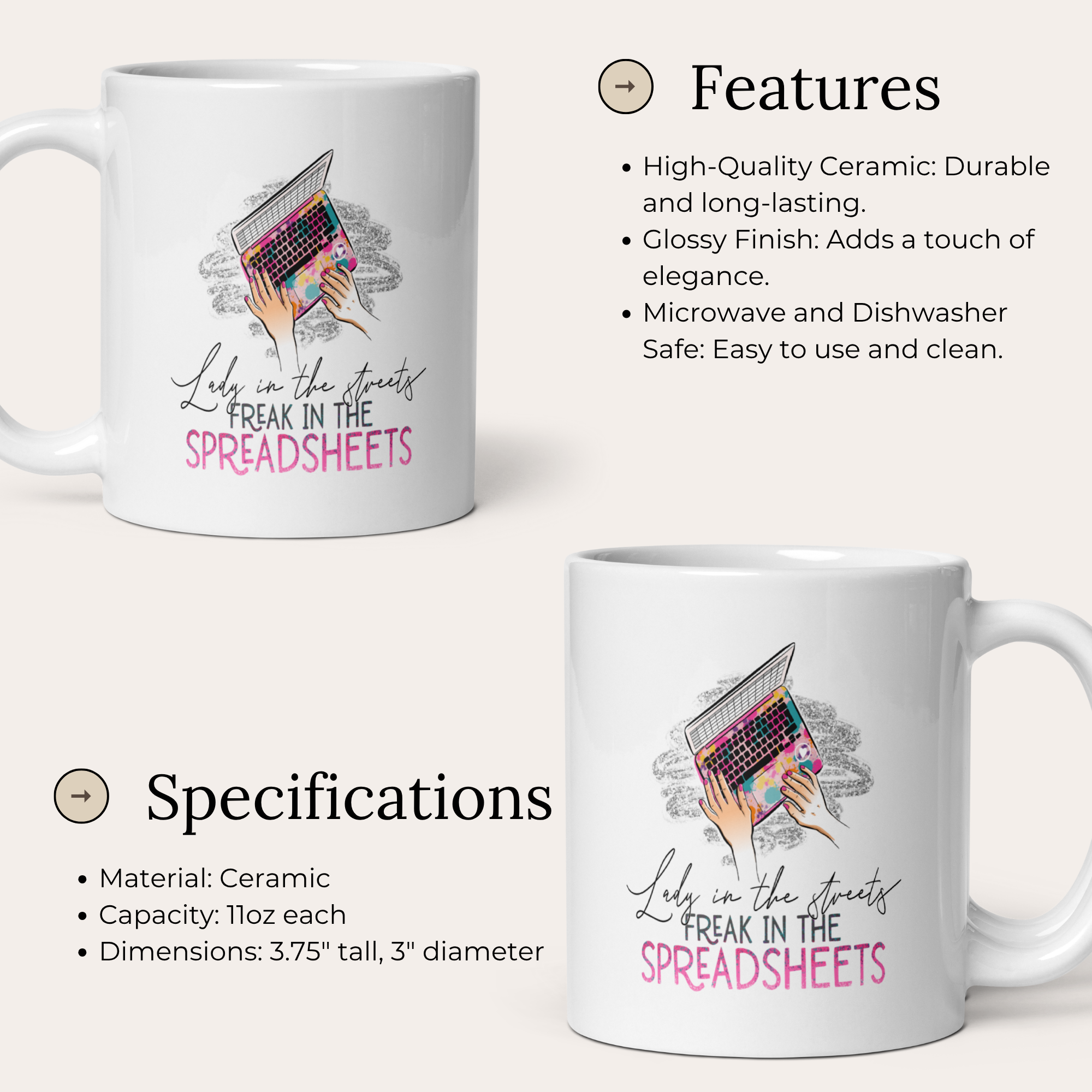 Lady in the Streets Freak in the Spreadsheets 11oz White Glossy Ceramic Mug - Funny Office Gift