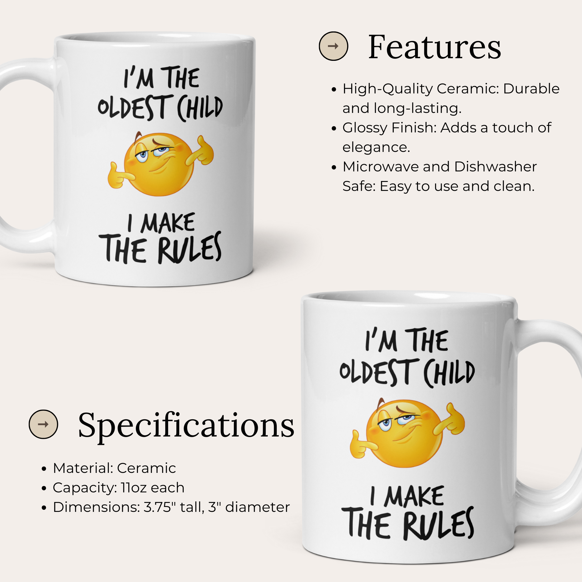 Funny Sibling Rules Mug Set - 4 White Glossy 11oz Ceramic Mugs for Oldest, Middle (x2), and Youngest - Hilarious Family Gift Idea
