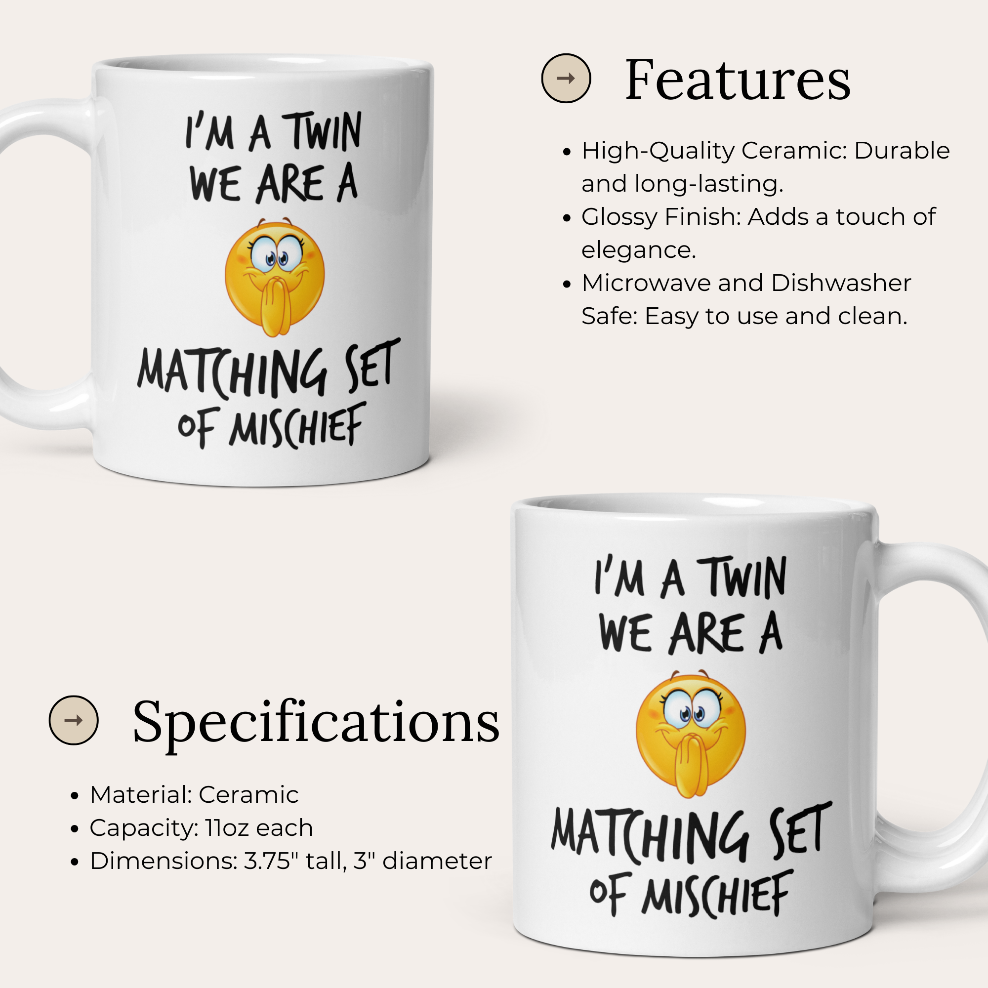 Twin Sisters Mischief Mug Set V2 - 2-Pack 11oz White Glossy Ceramic Mugs