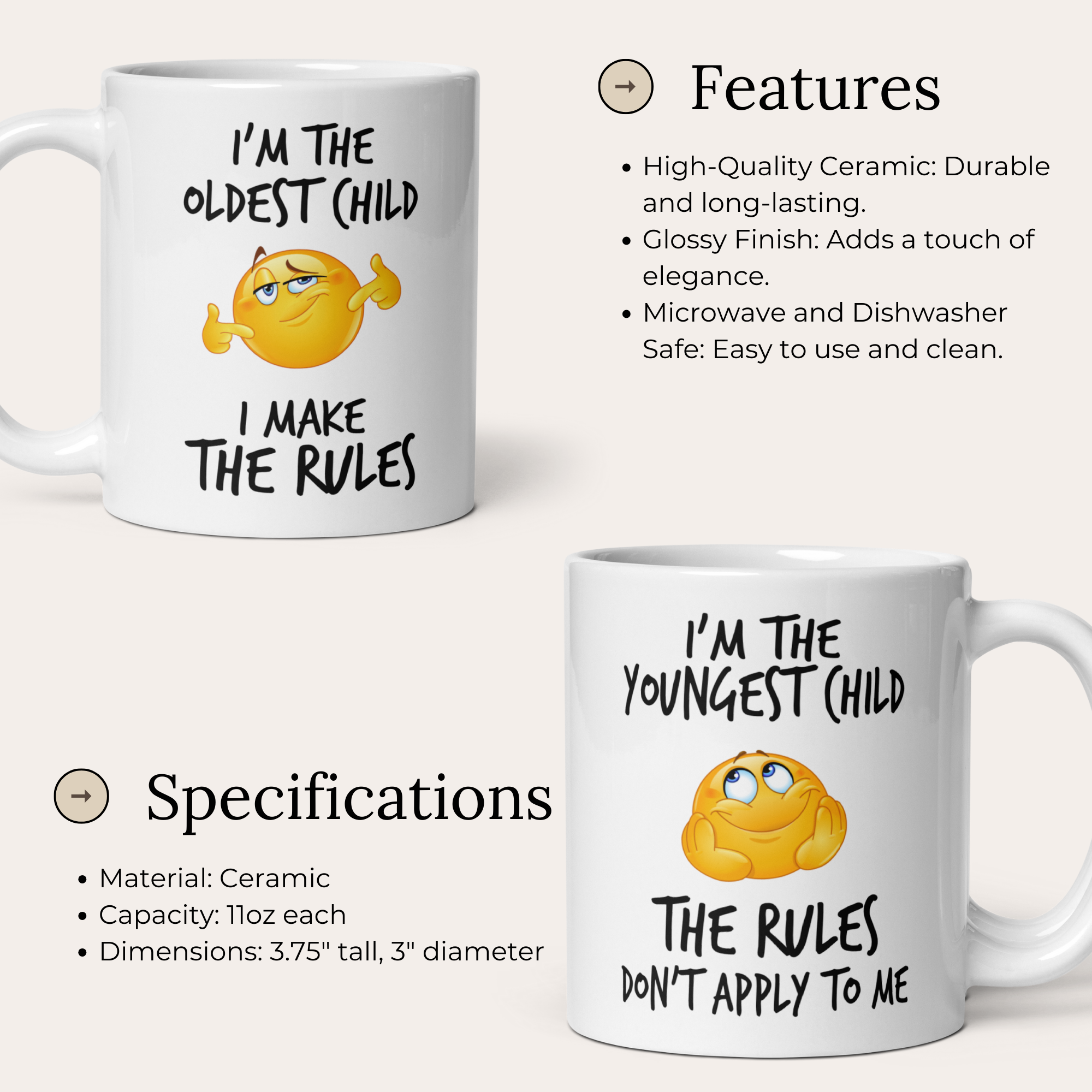 Oldest & Youngest Child Mug Set V2 - 2-Pack 11oz White Glossy Ceramic Mugs with Funny Emoticon Faces