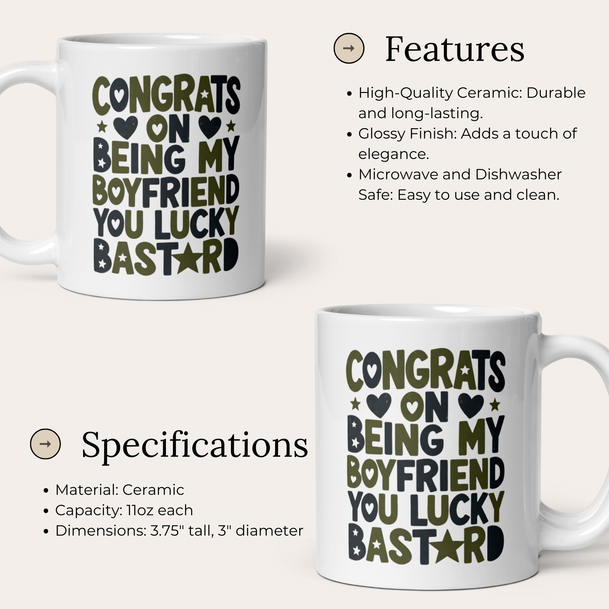 Congrats On Being My Boyfriend You Lucky Bastard 11oz White Glossy Ceramic Mug - Funny Boyfriend Gift Army Style
