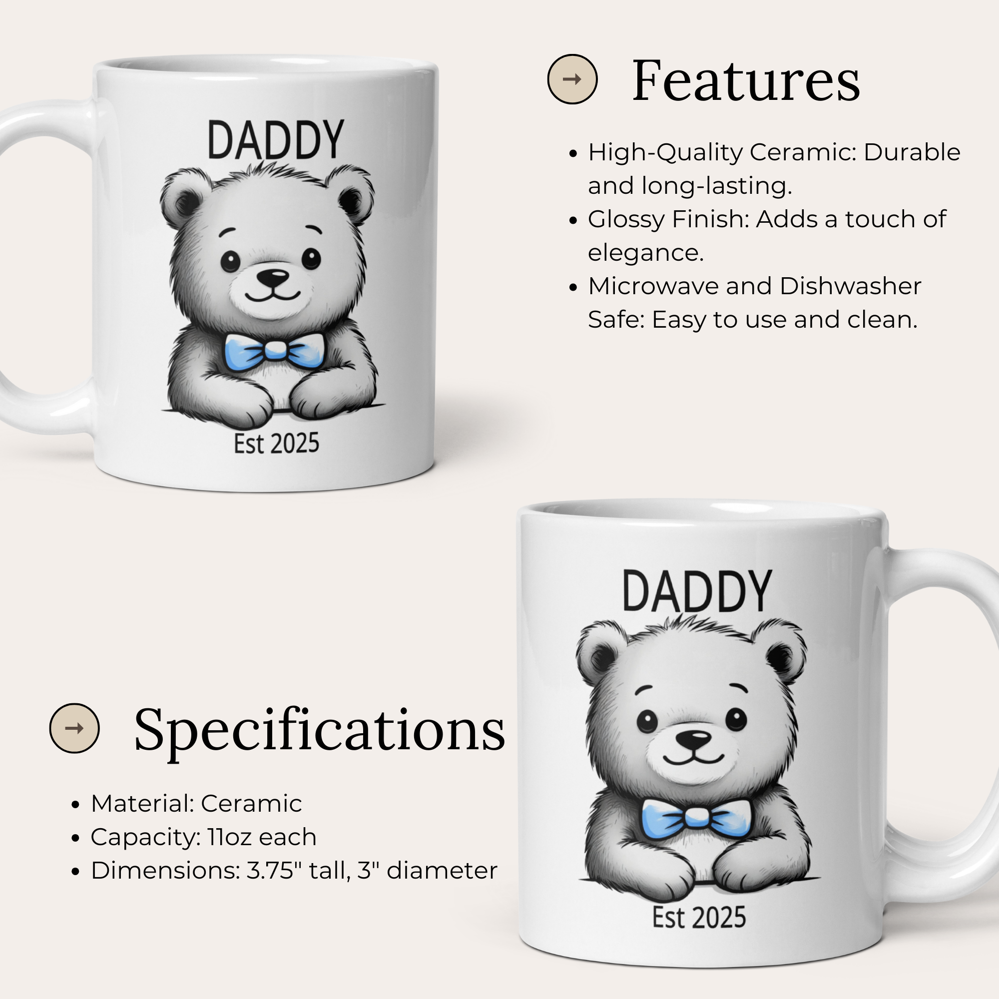 Personalised Daddy Bear Mug - "Daddy [Custom Title] Since [Year/Date]" 11oz White Glossy Ceramic Mug with Cute Bear - Custom Dad Gift