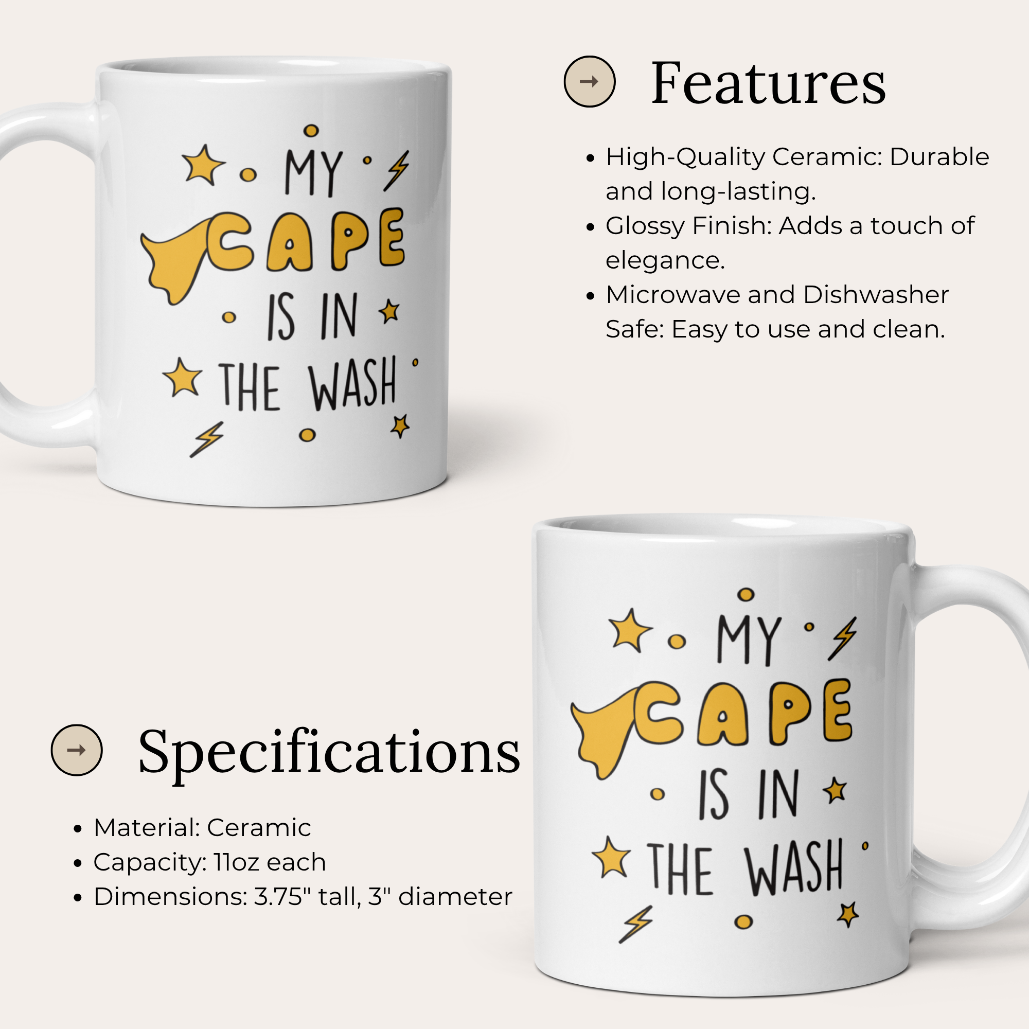 My Cape is in the Wash 11oz White Glossy Ceramic Mug - Funny Superhero Gift