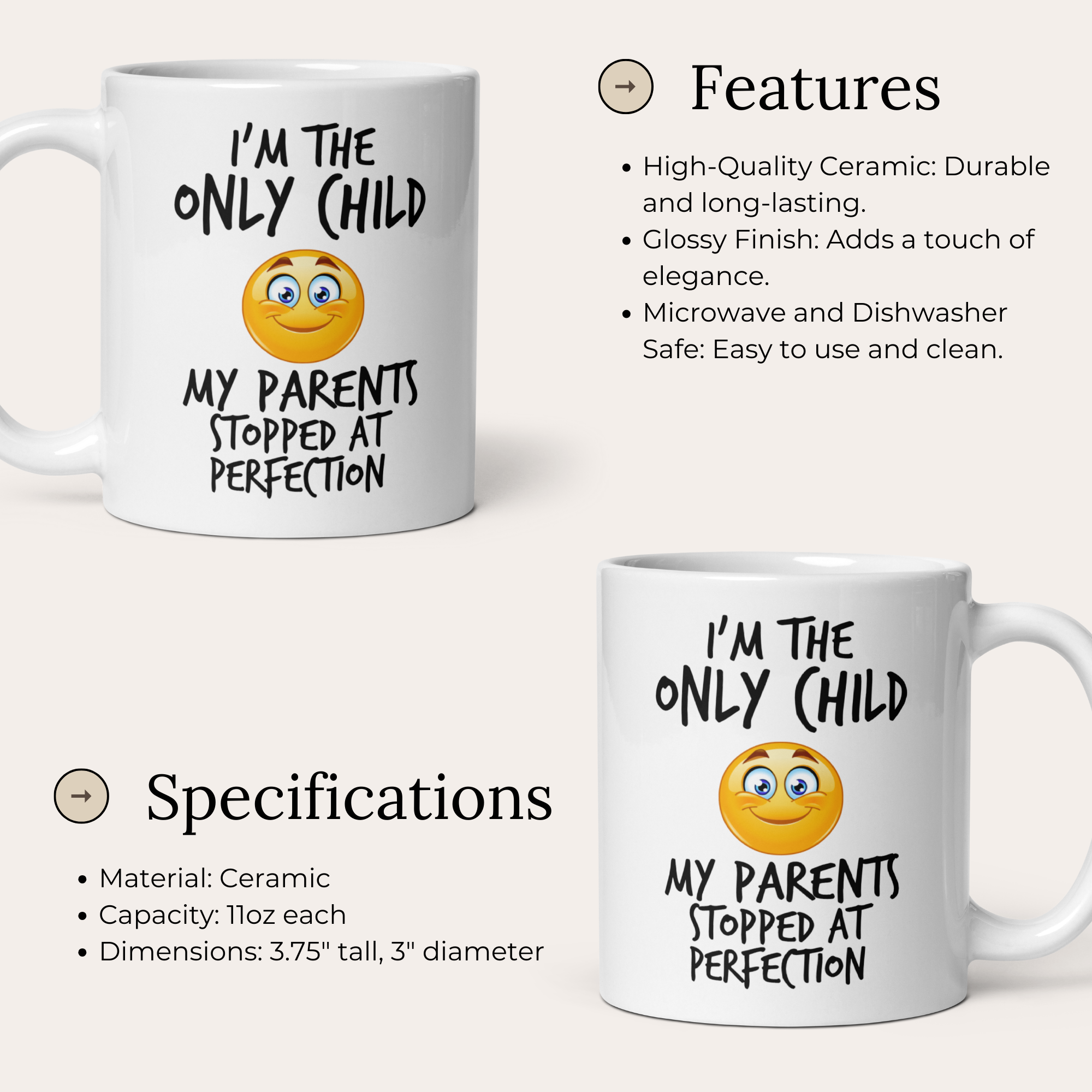 Only Child Mug V2- New Emoticon Face - 11oz White Glossy Ceramic