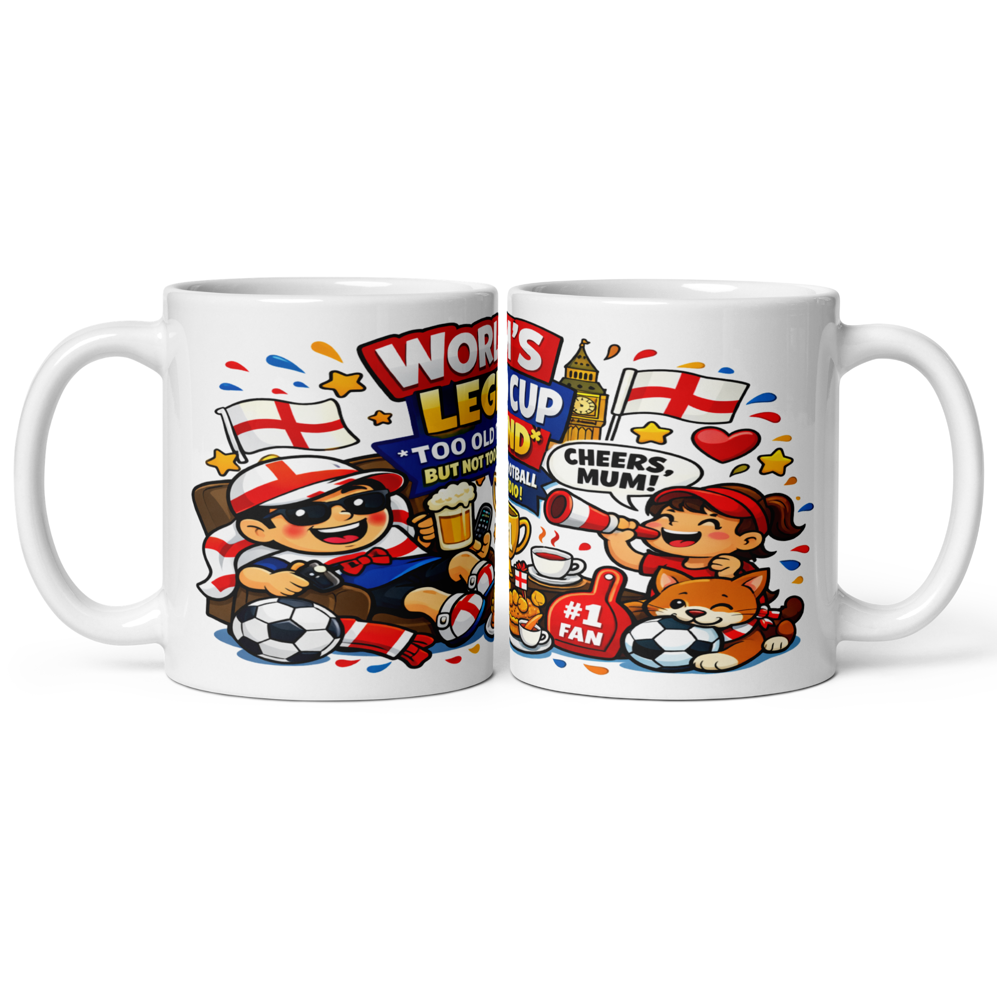 World Cup Legend Mum & Dad Matching Mug Set - "Too Old To Play" & "Watching Football Is My Cardio" 11oz White Glossy Ceramic Mugs