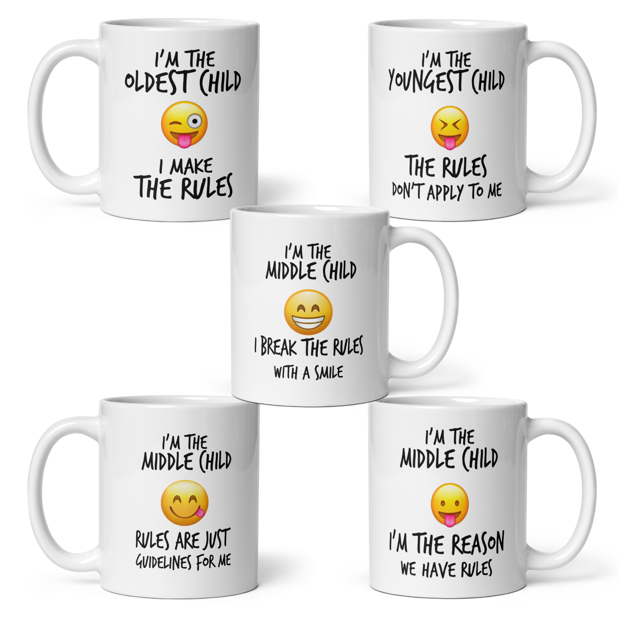 Child Sibling Rules Mug – “I Rule Because…” – 11oz White Glossy Ceramic | Oldest, Middle, Youngest or Sets of 2–5