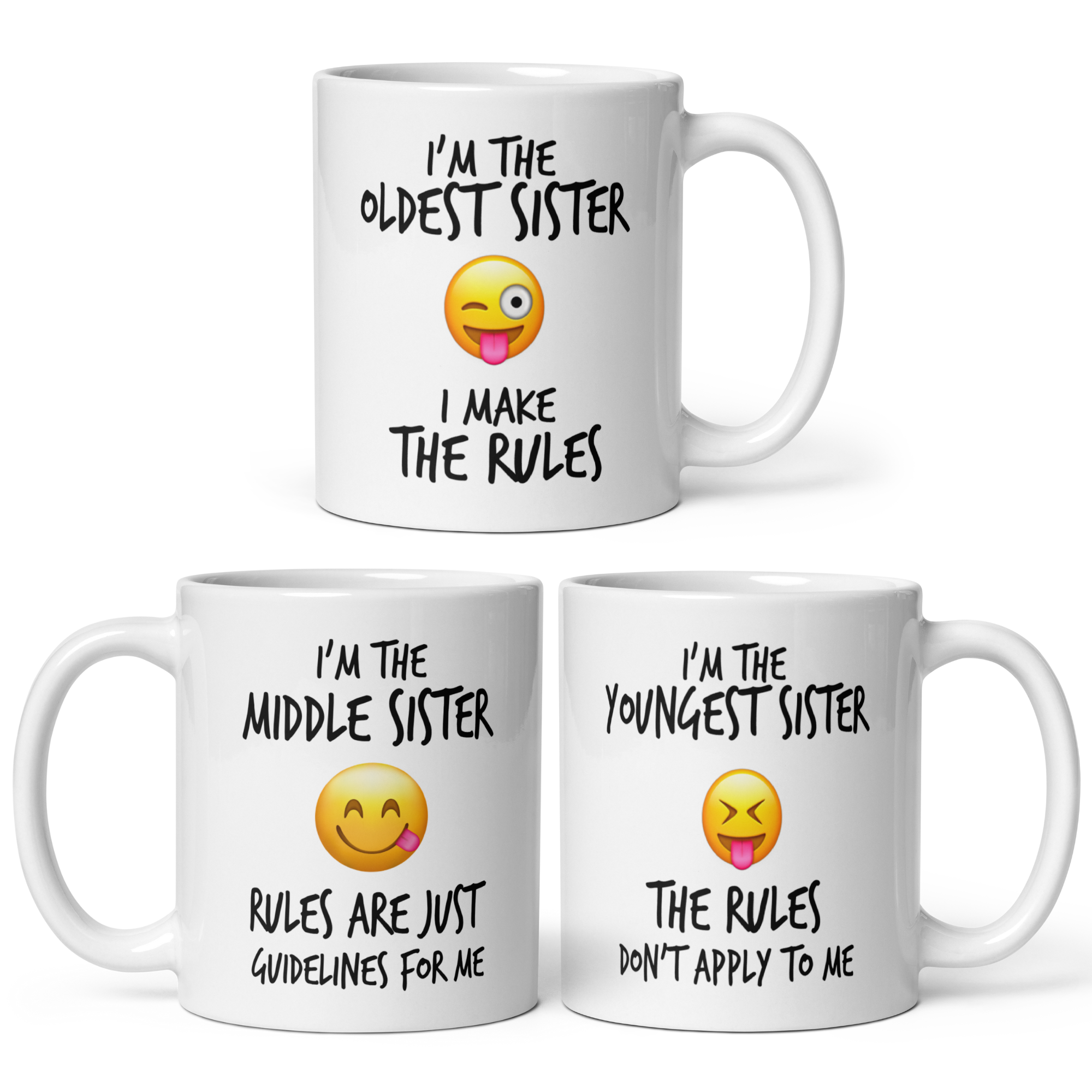 Sister Rules 11oz White Glossy Ceramic Mugs - Single and Sets of 2/3/4