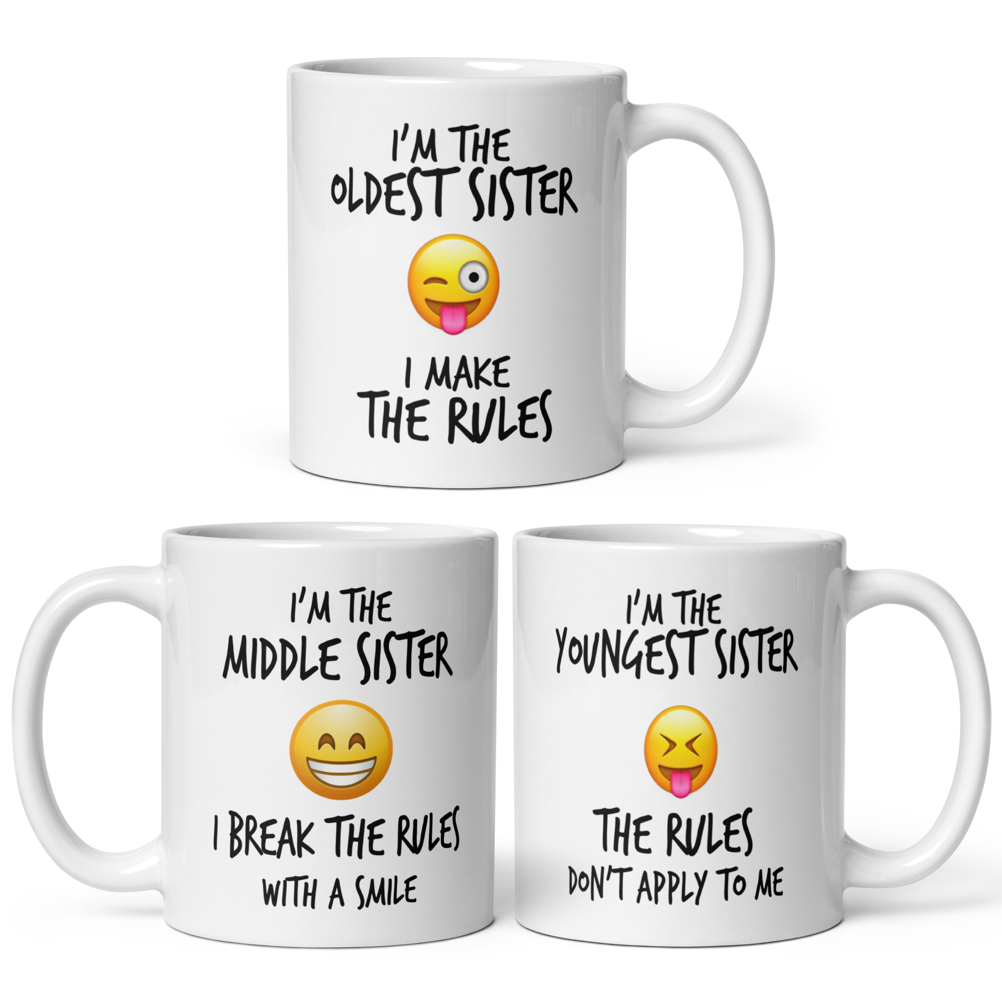 Sister Rules 11oz White Glossy Ceramic Mugs - Single and Sets of 2/3/4