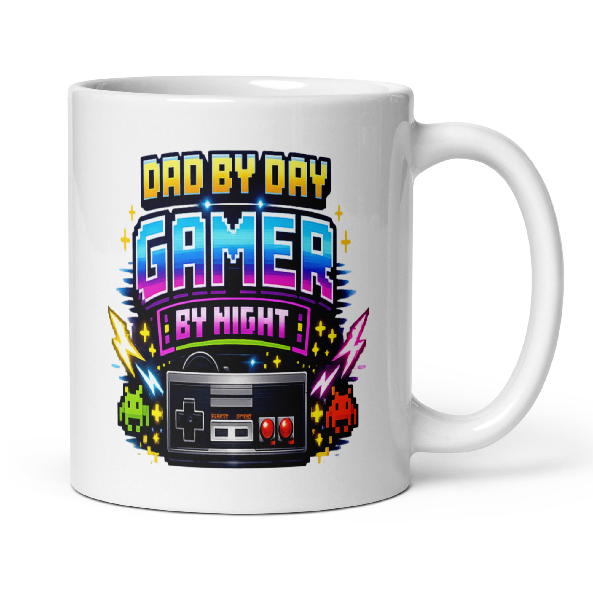Dad By Day Gamer By Night 11oz White Glossy Ceramic Mug - Funny Gamer Dad Gift
