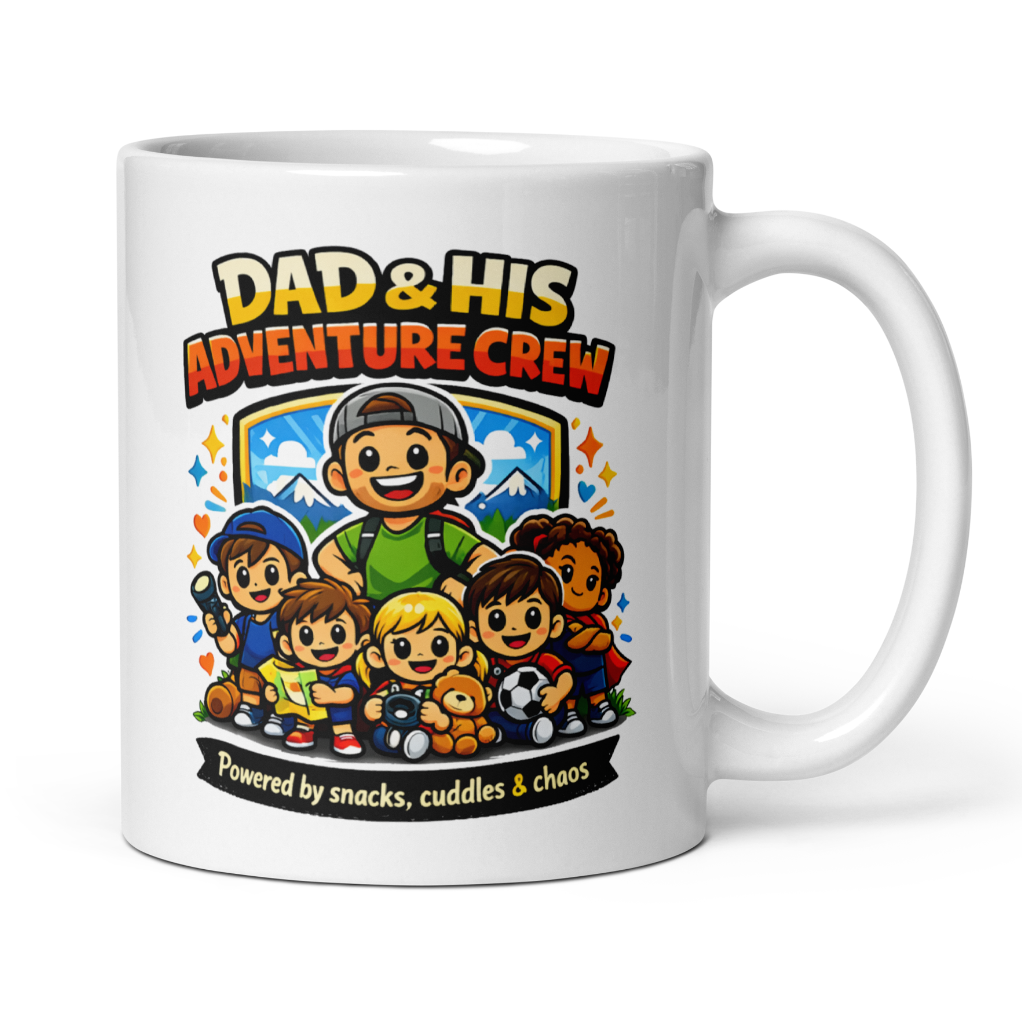 Dad & His Adventure Crew Mug – Powered by Snacks, Cuddles & Chaos