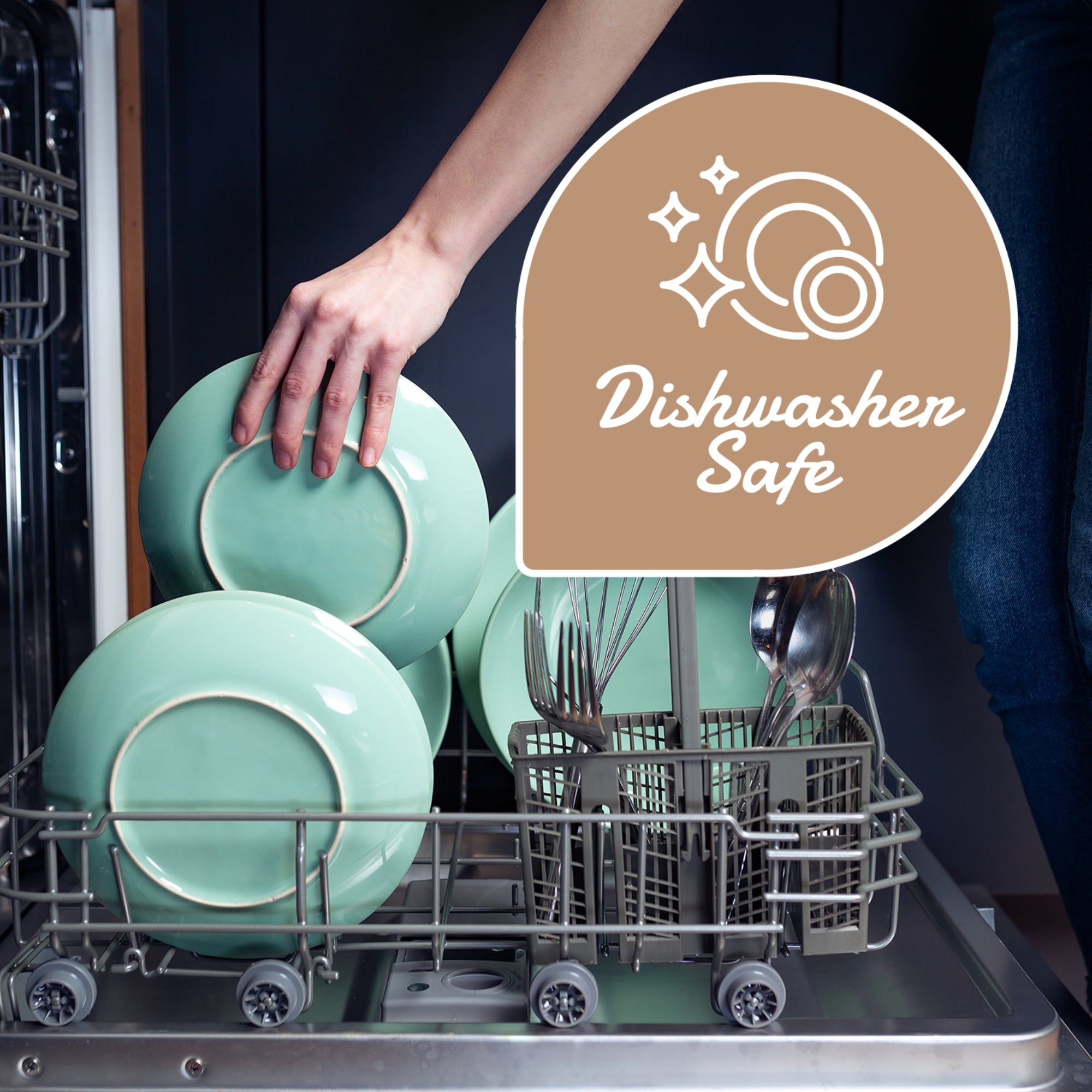Photo of Person loading Dishwasher with Dishwasher-safe badge
