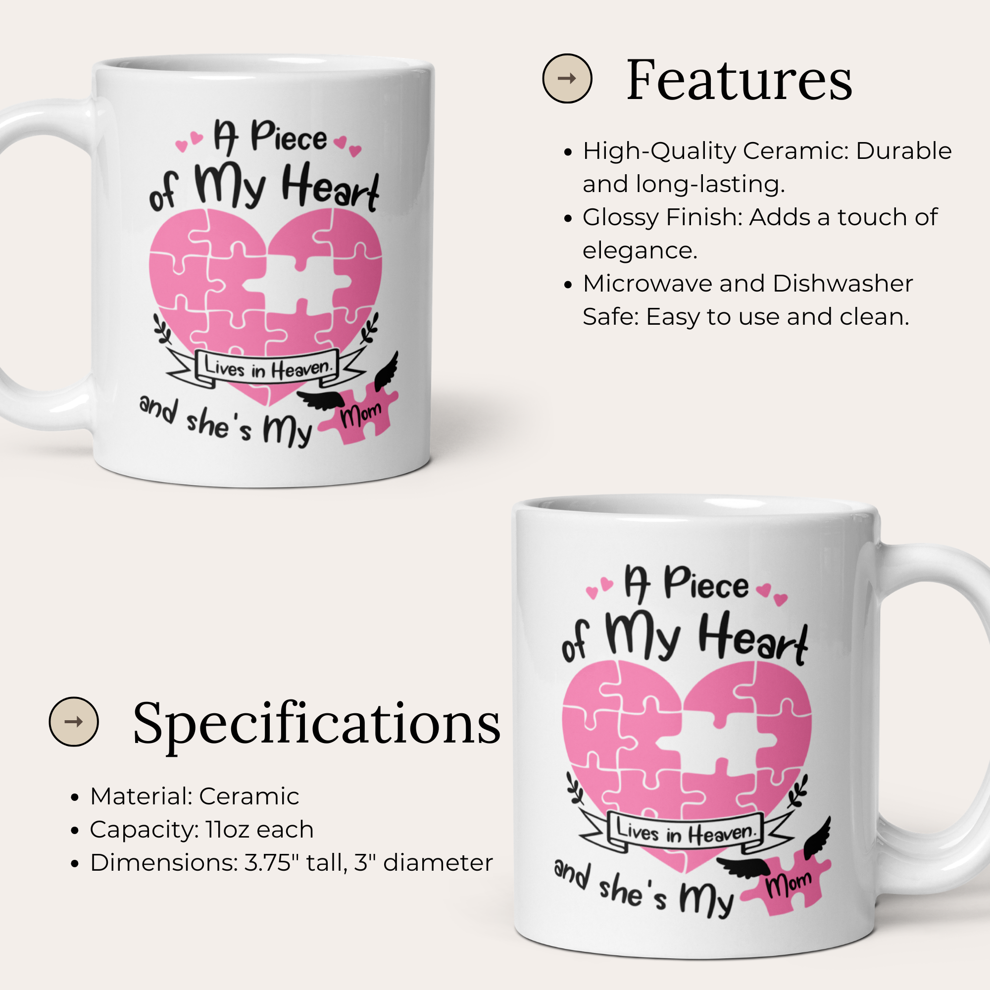 A Piece of My Heart Lives in Heaven and She's My Mom 11oz White Glossy Ceramic Mug - Memorial Mom Gift