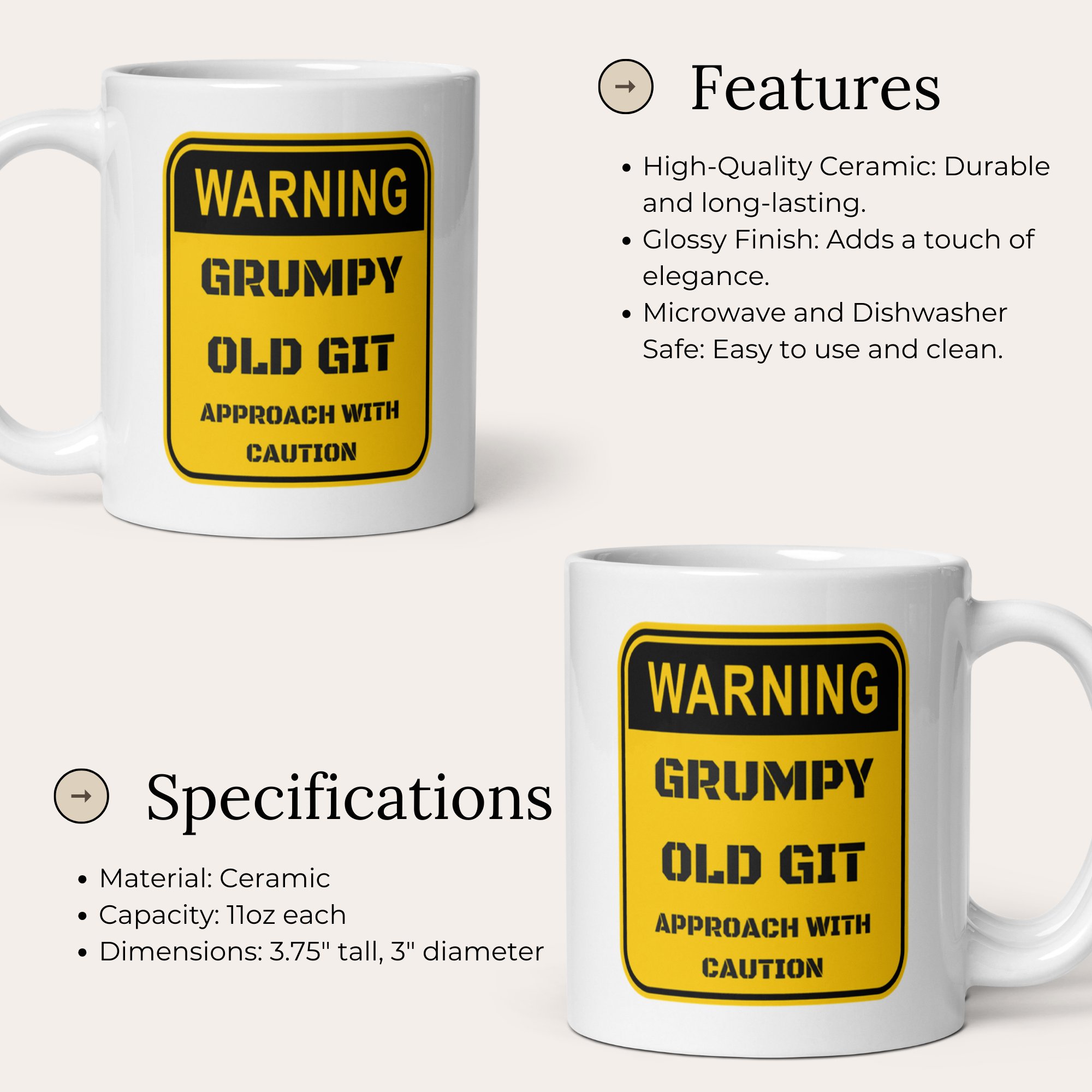 WARNING Grumpy Old Git Approach With Caution 11oz White Glossy Ceramic Mug - Funny Grumpy Gift for Men