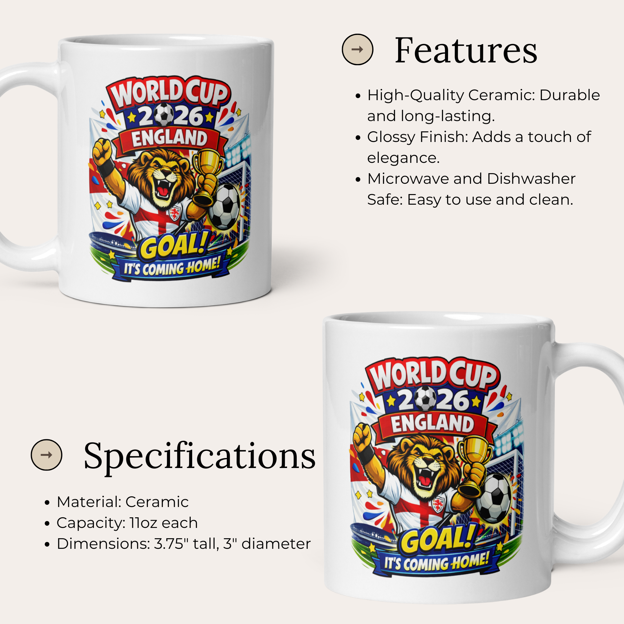 World Cup 2026 England 11oz White Glossy Ceramic Mug - Football Fan Gift