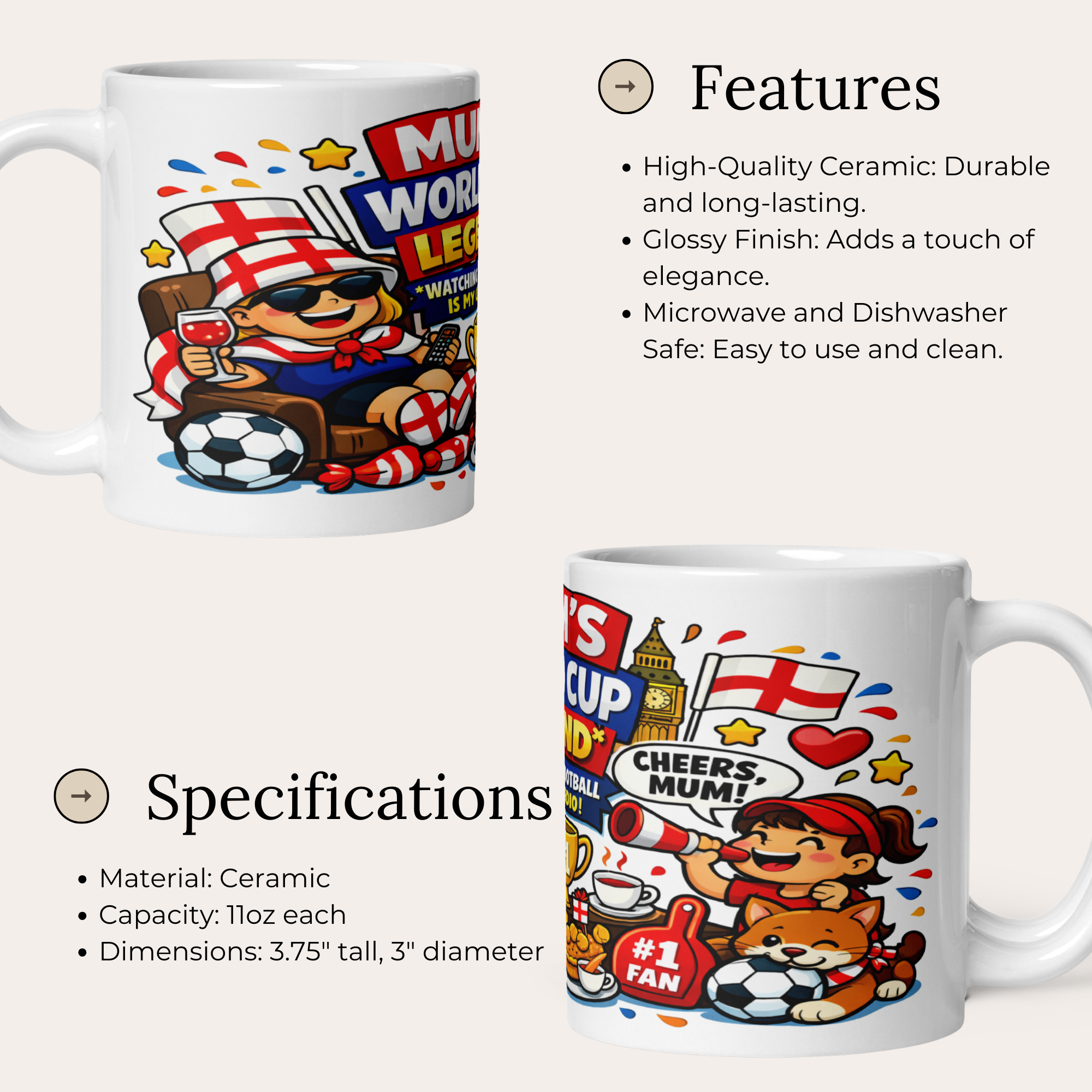 Mum's World Cup Legend Watching Football Is My Cardio 11oz White Glossy Ceramic Mug - Funny Football Mum Gift