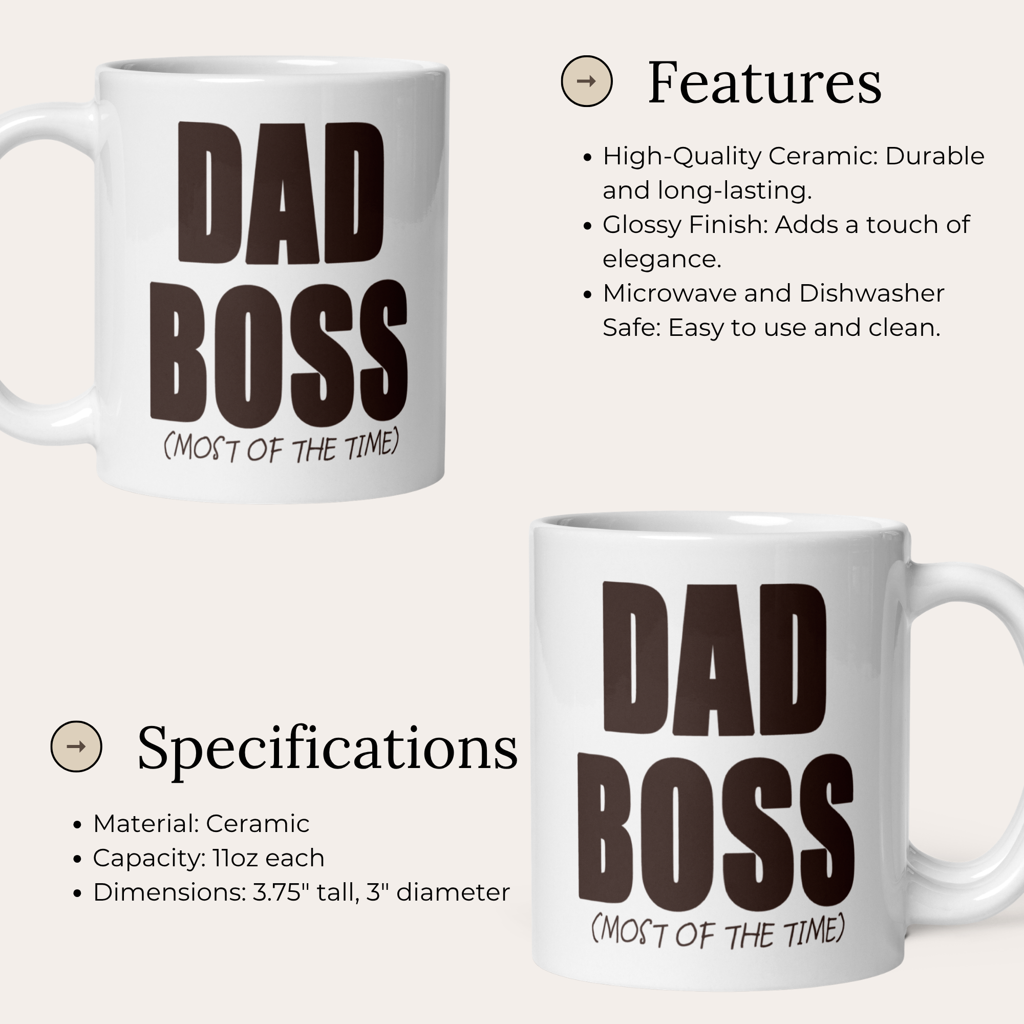 Dad Boss (Most of the Time) 11oz White Glossy Ceramic Mug - Funny Dad Gift