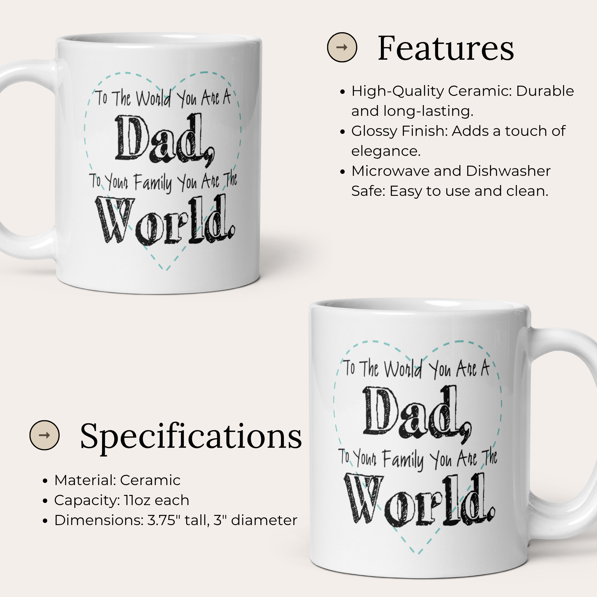 To The World You Are A Dad To Your Family You Are The World 11oz White Glossy Ceramic Mug - Heartfelt Dad Gift