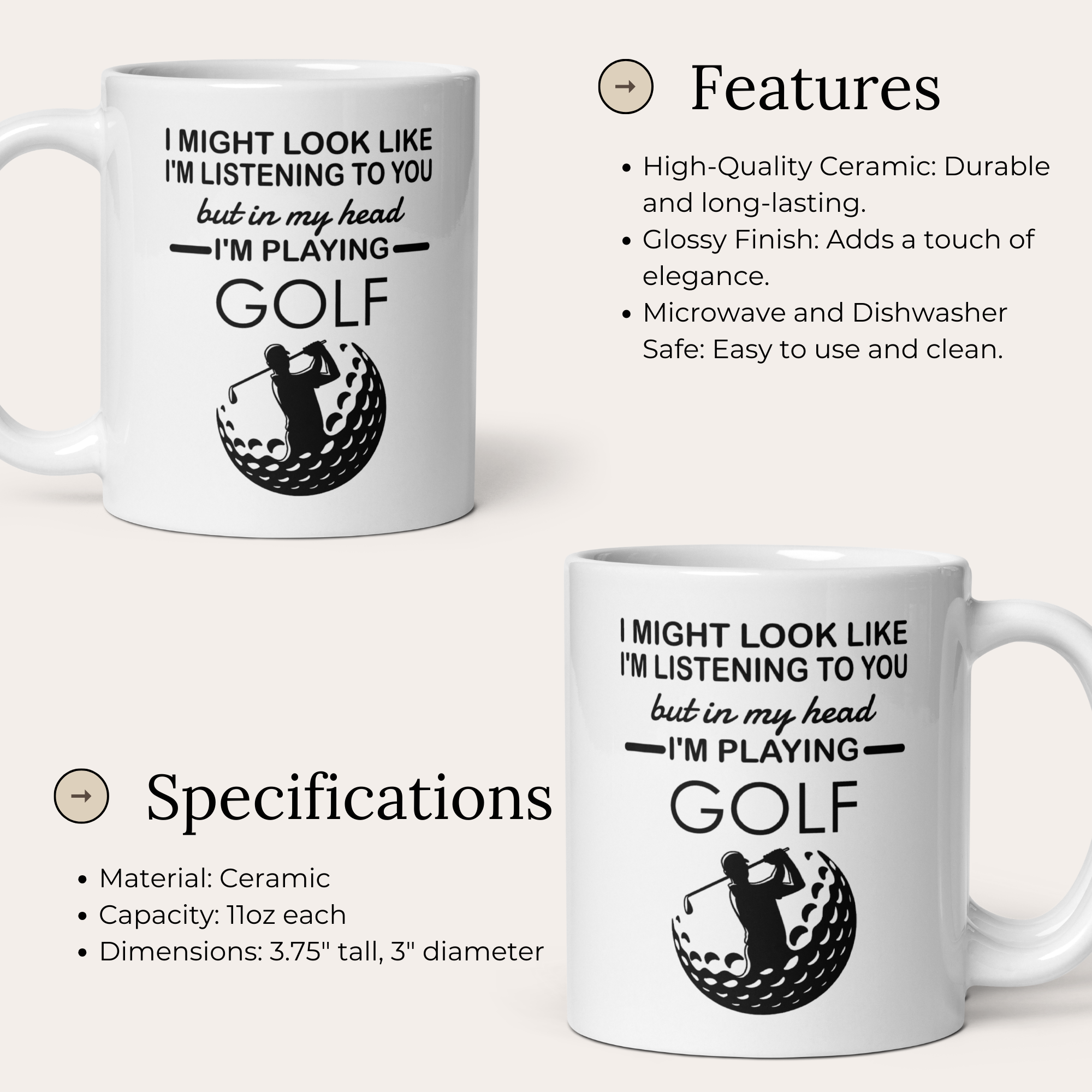 I Might Look Like I'm Listening To You But In My Head I'm Playing Golf 11oz White Glossy Ceramic Mug - Funny Golfer Gift