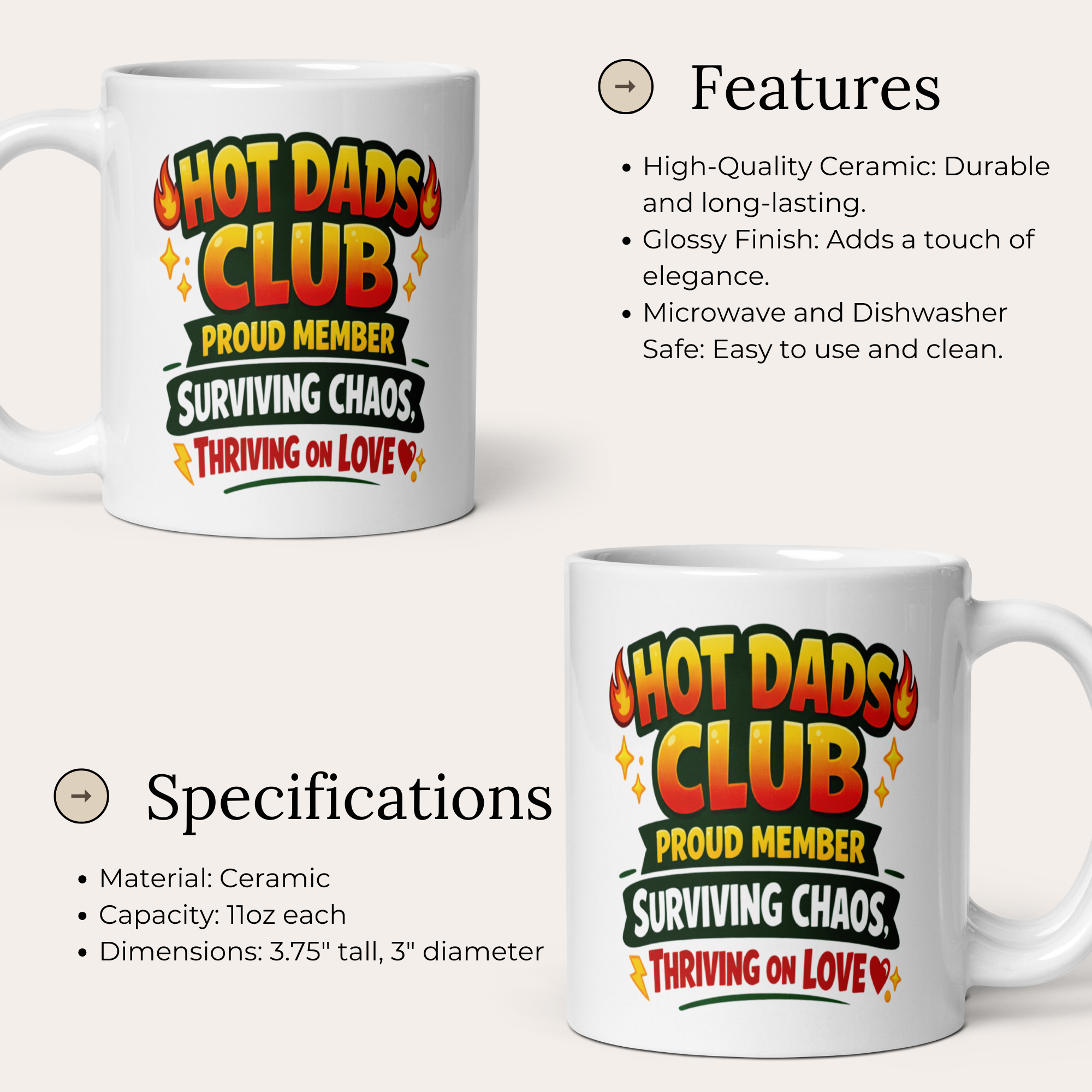 Hot Dads Club Proud Member Surviving Chaos, Thriving On Love 11oz White Glossy Ceramic Mug - Funny Dad Gift