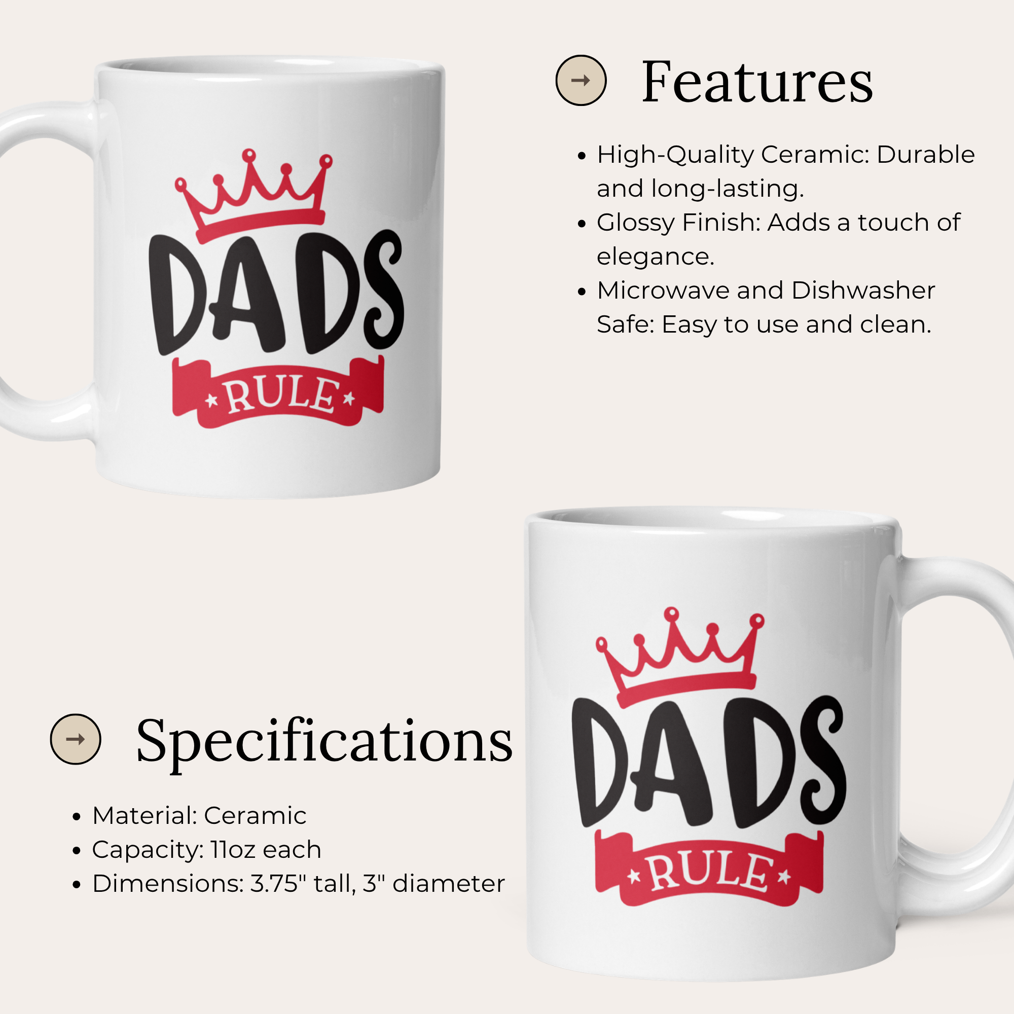 Dads Rule 11oz White Glossy Ceramic Mug - Funny Dad Gift