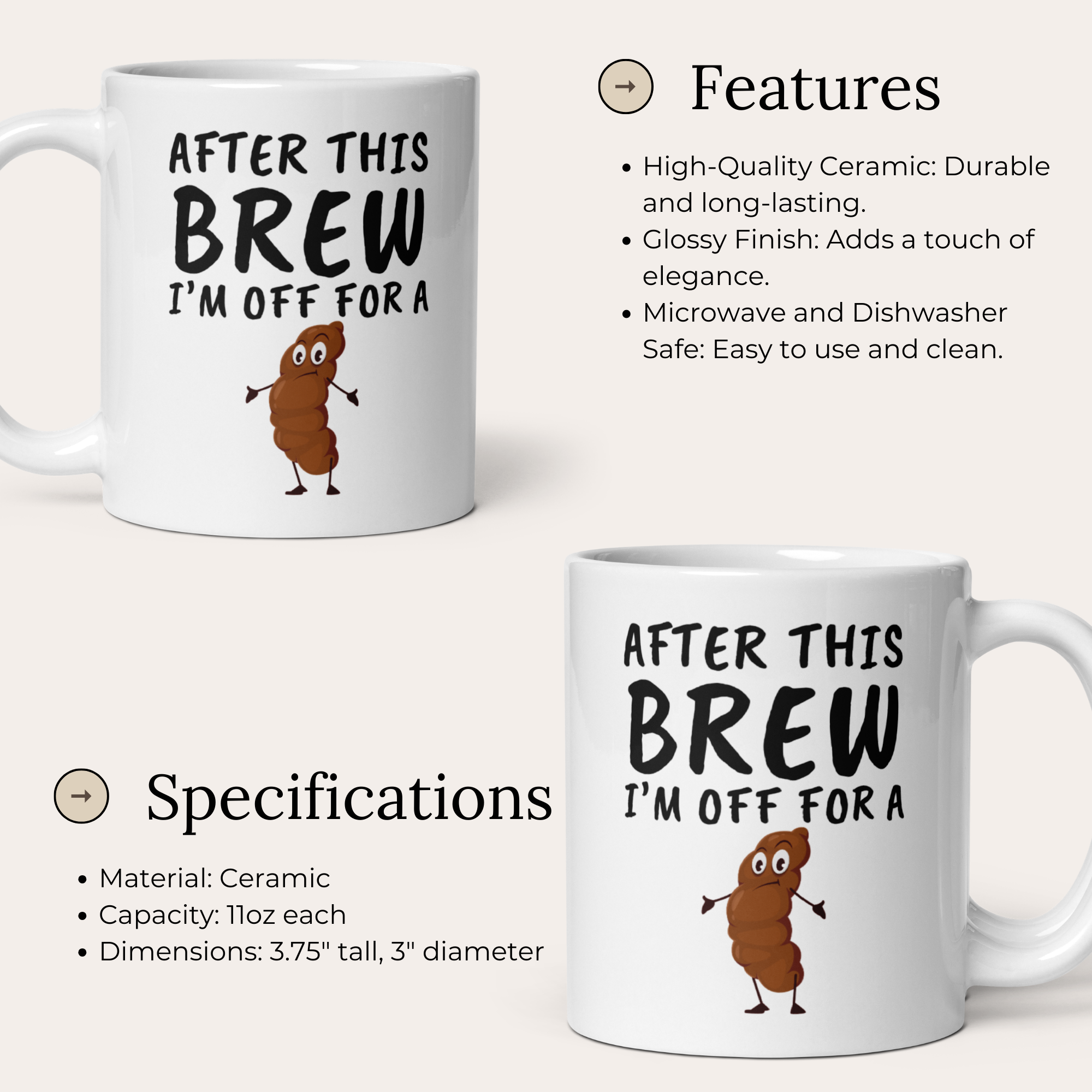 After This Brew I'm Off For A Poo 11oz White Glossy Ceramic Mug - Funny Coffee & Bathroom Humor Mug