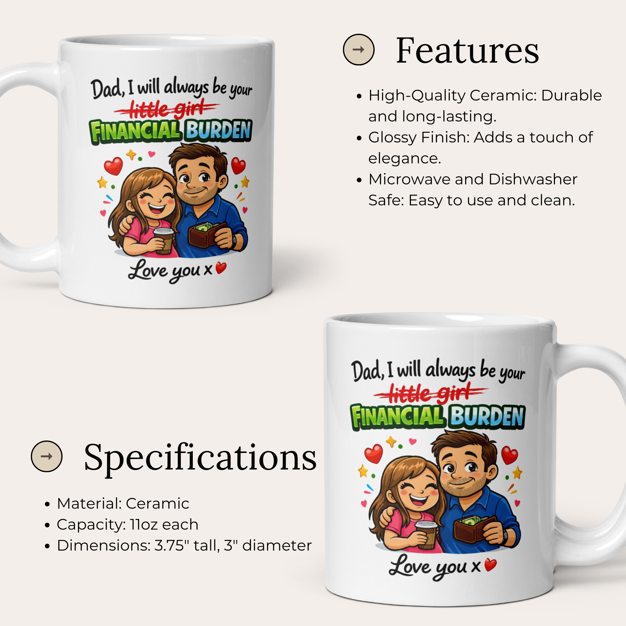 Dad, I Will Always Be Your Little Girl Financial Burden Love You 11oz White Glossy Ceramic Mug - Funny Daughter to Dad Gift