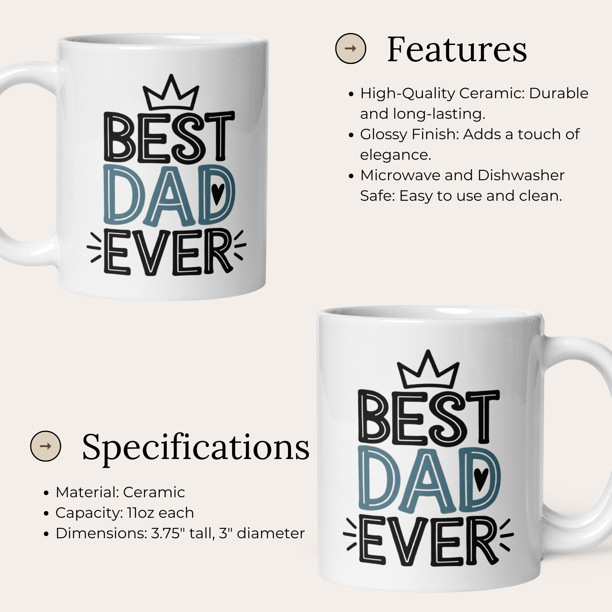 Best Dad Ever 11oz White Glossy Ceramic Mug - Funny & Heartfelt Dad Gift