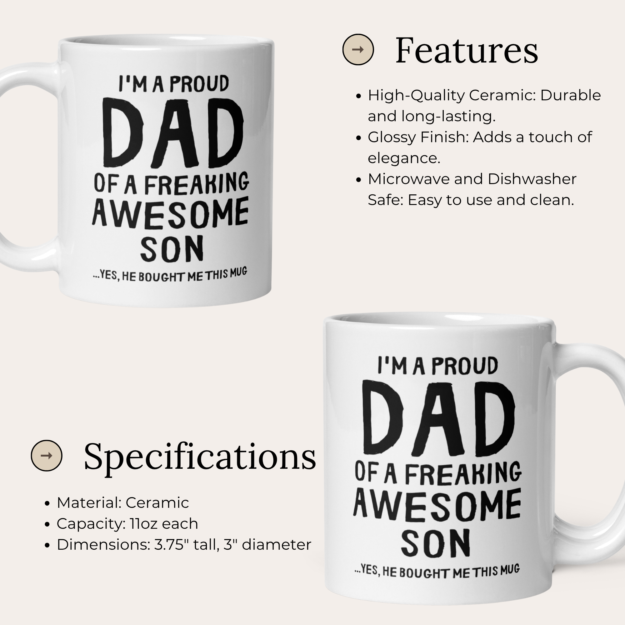 I'm a Proud Dad of a Freaking Awesome Son Yes he Brought Me This Mug 11oz White Glossy Ceramic Mug - Funny Dad Gift from Son