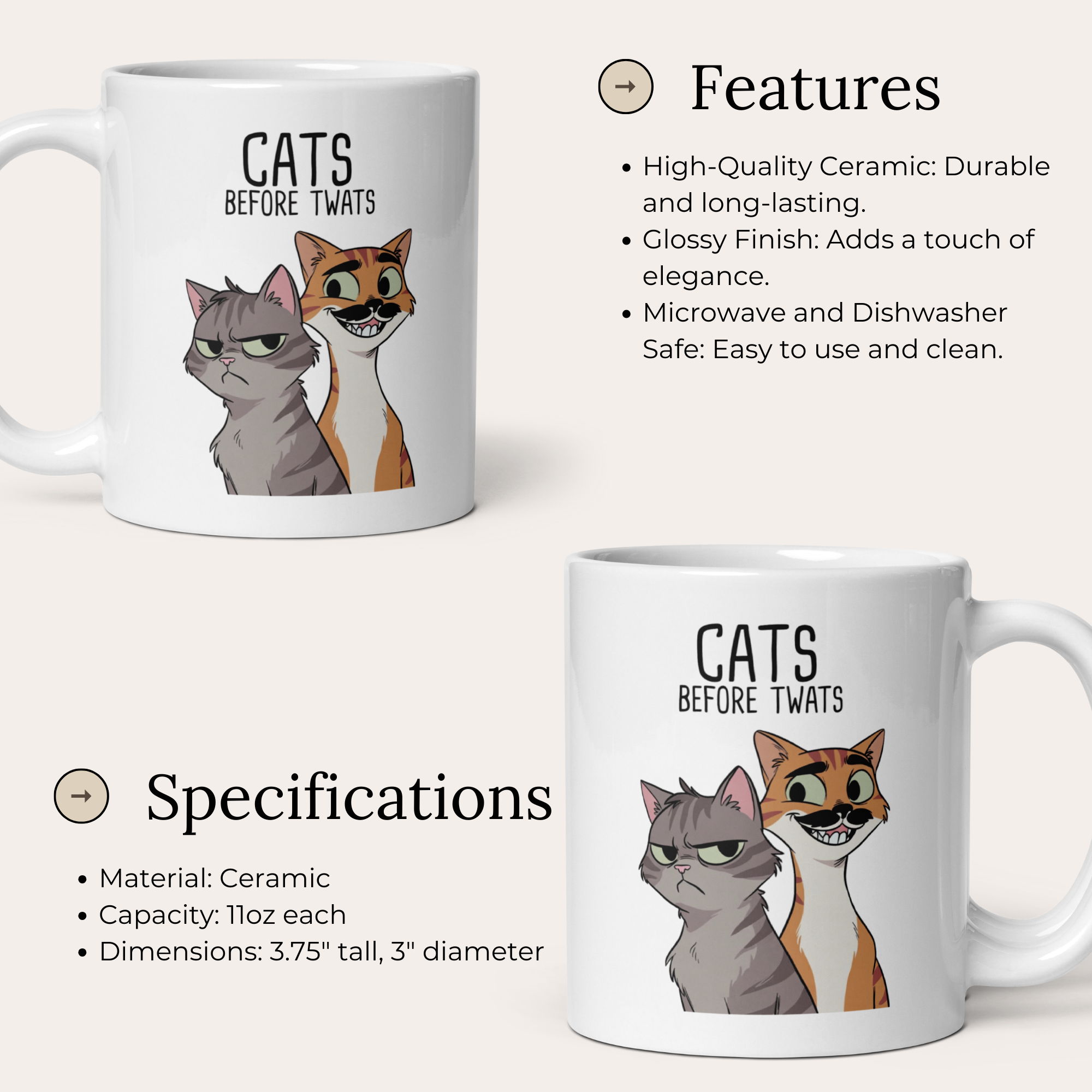 Cats Before Twats 11oz White Glossy Ceramic Mug - Funny Cat Lover Gift