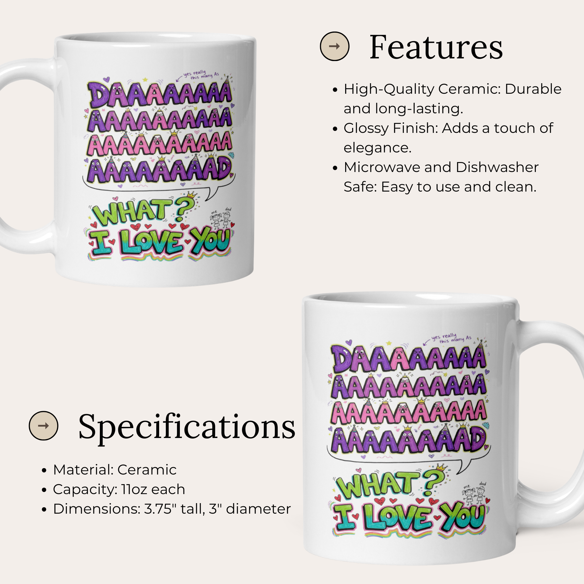Daaaaaaaaaaaaaaaaaad What I Love You 11oz White Glossy Ceramic Mug - Funny Cute Dad Gift