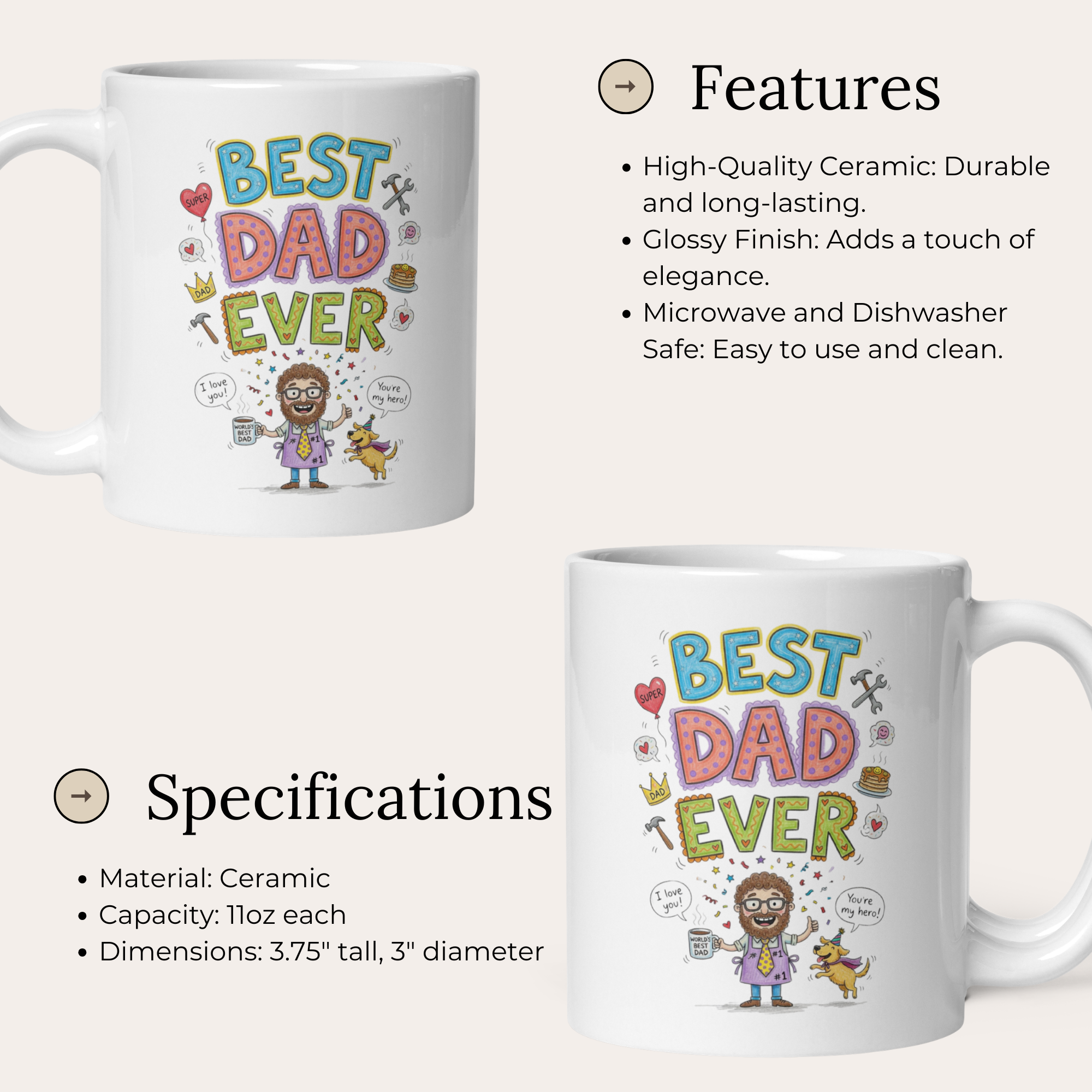Best Dad Ever 11oz White Glossy Ceramic Mug with Whimsical Design - Funny Heartfelt Dad Gift
