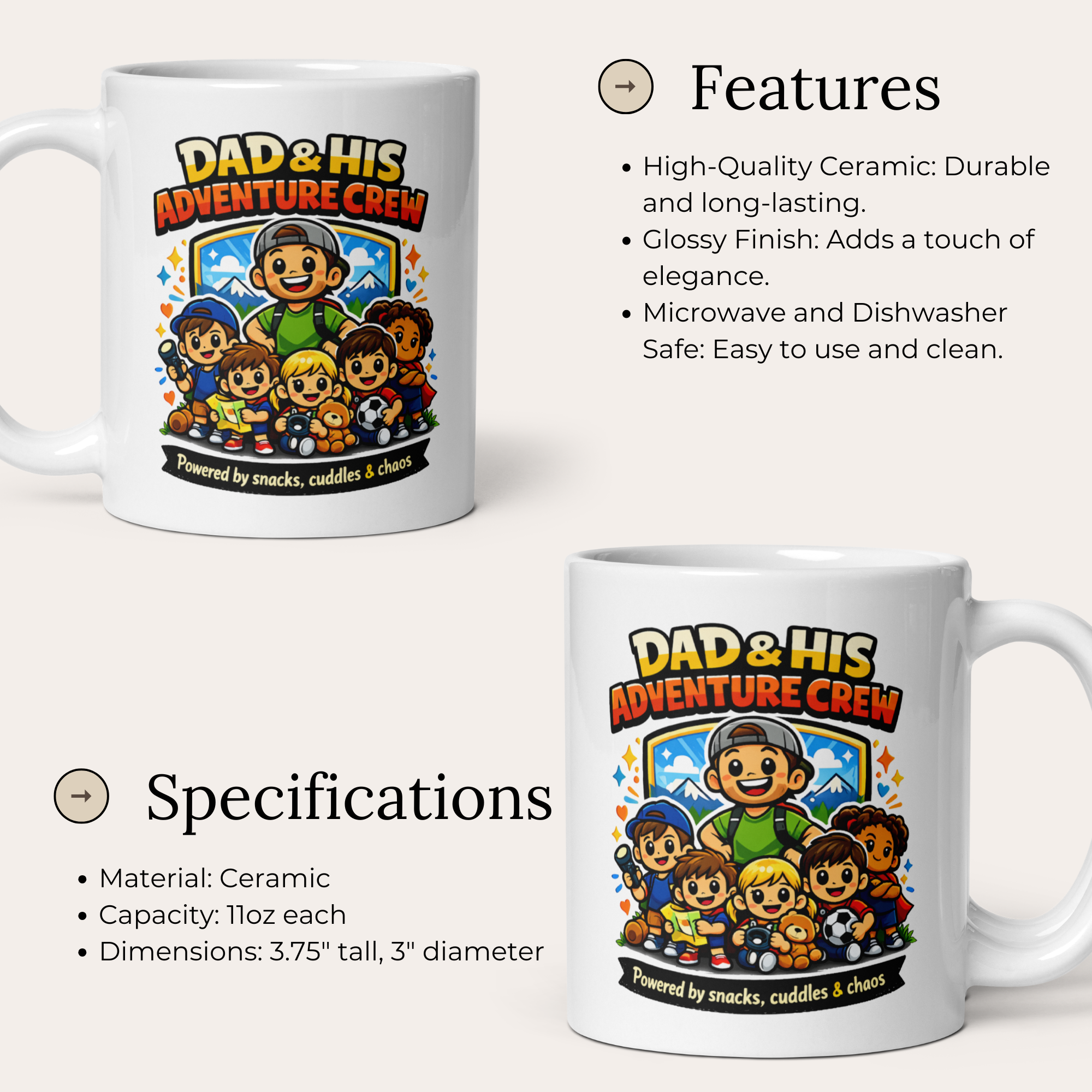 Dad & His Adventure Crew Mug – Powered by Snacks, Cuddles & Chaos