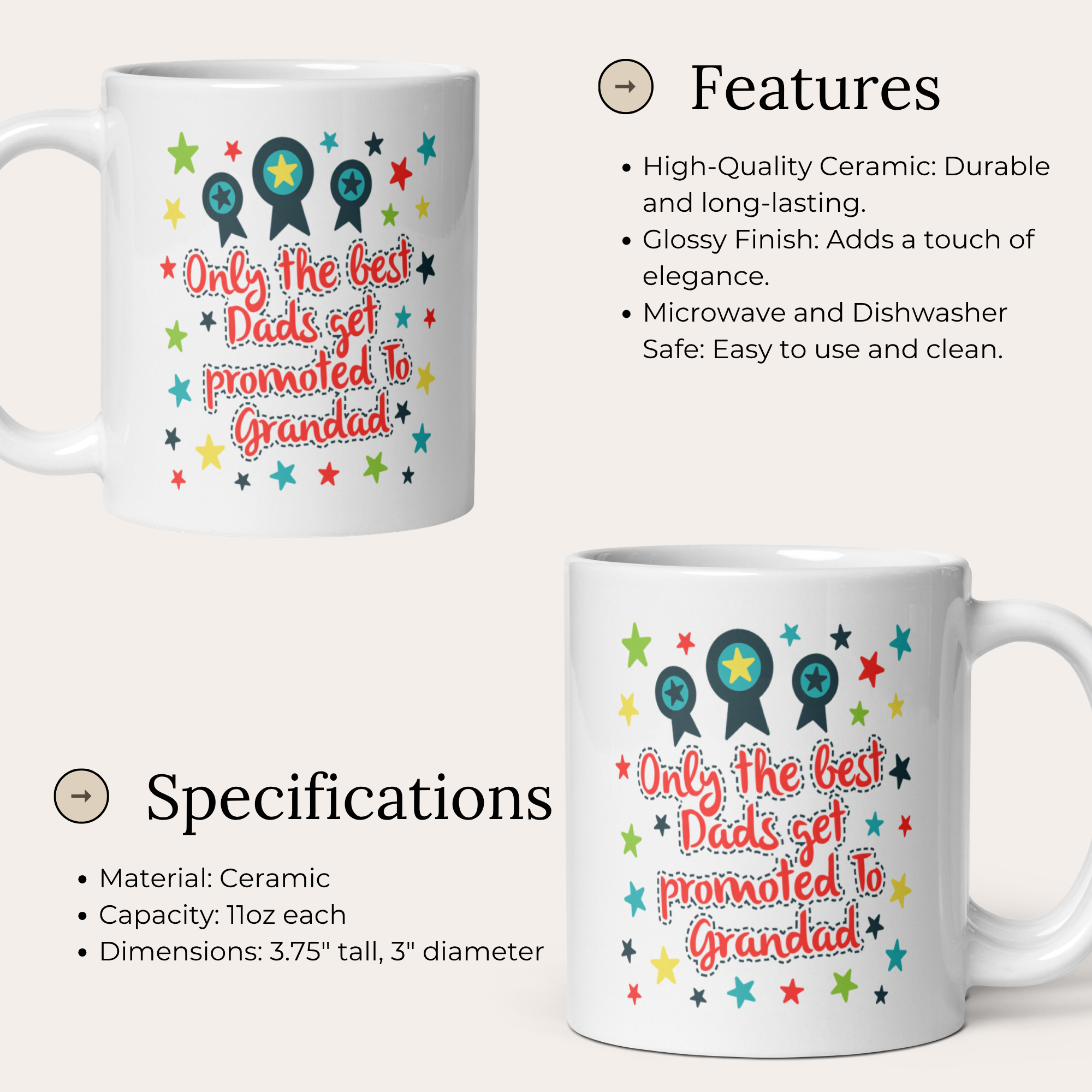Only The Best Dads Get Promoted To Grandad 11oz White Glossy Ceramic Mug - Funny Grandpa Gift