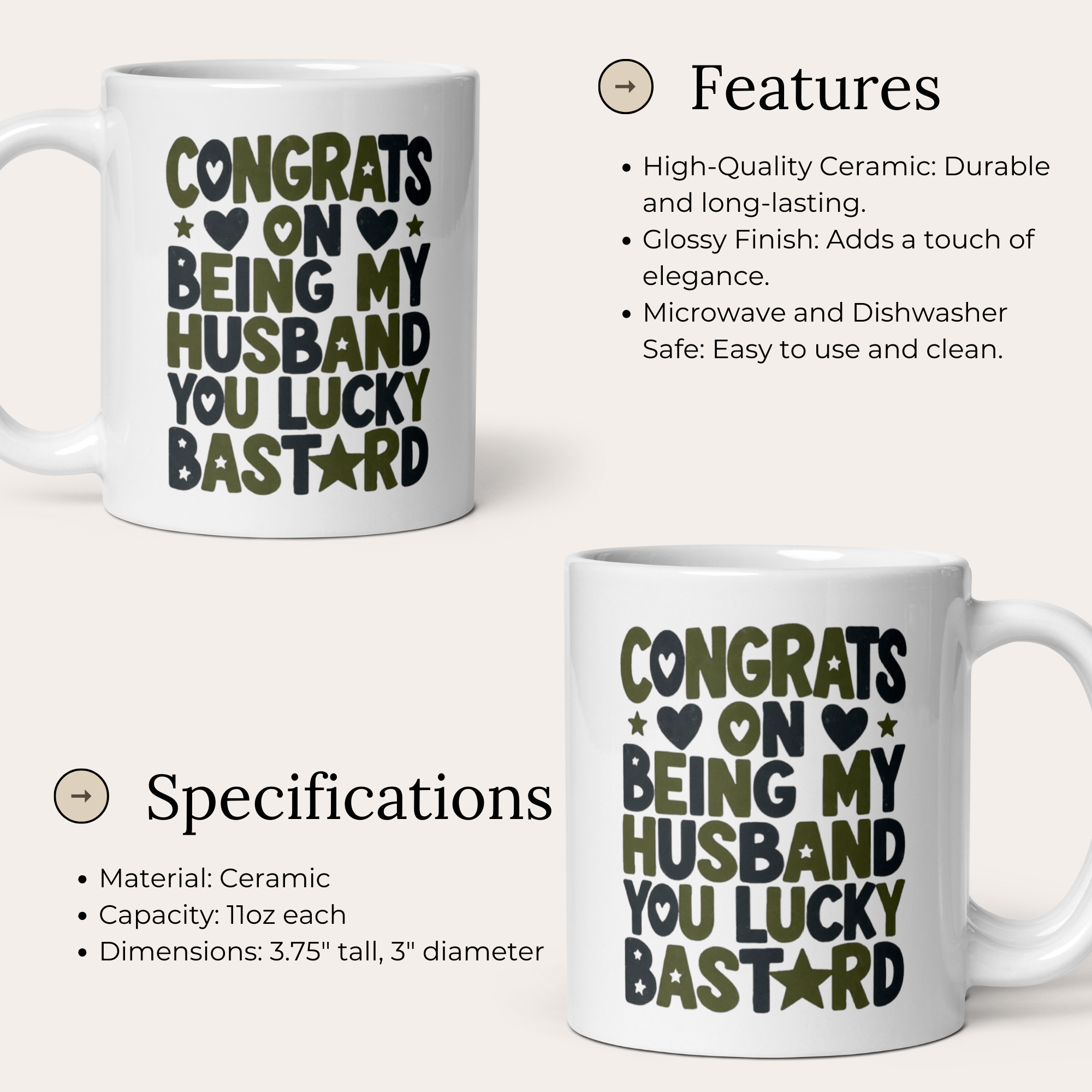 Congrats On Being My Husband You Lucky Bastard 11oz White Glossy Ceramic Mug - Funny Husband Gift