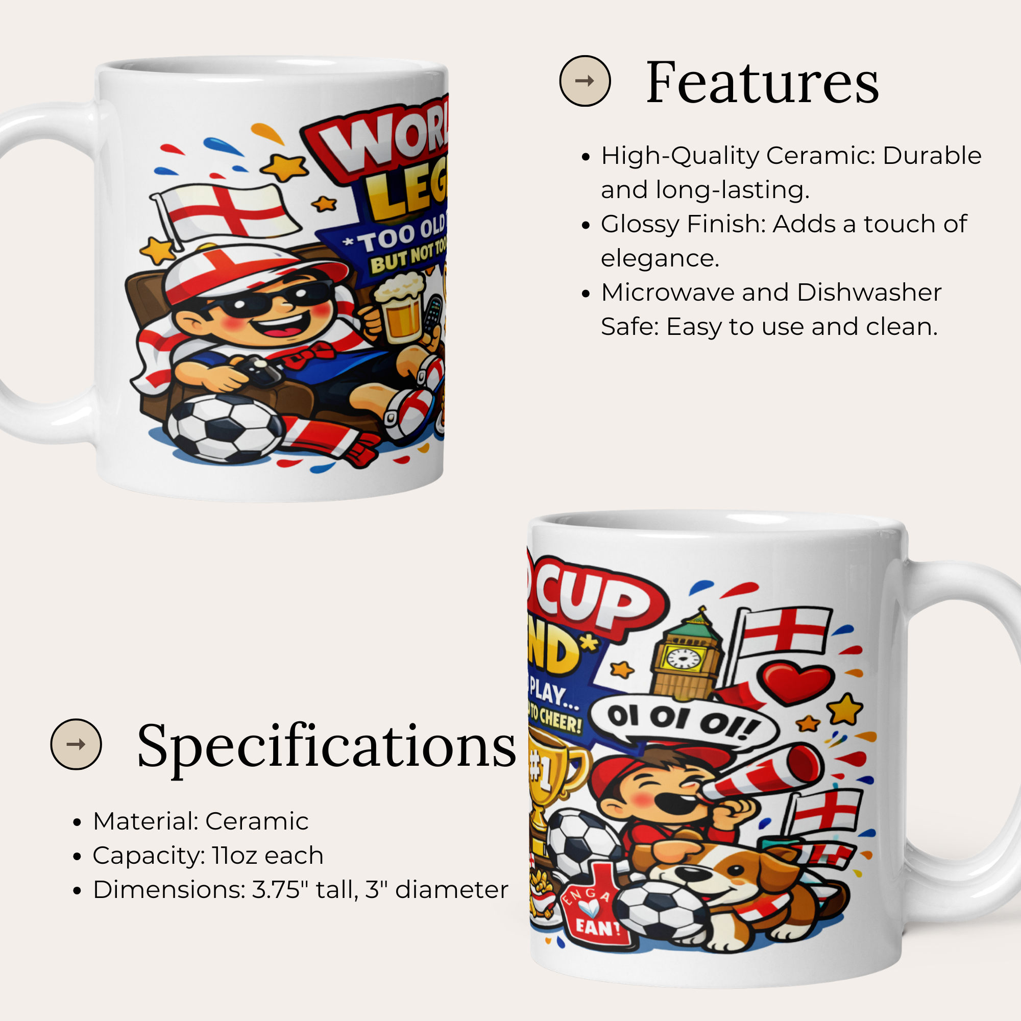 Dad's World Cup Legend Too Old To Play But Not Too Old To Cheer 11oz White Glossy Ceramic Mug - Funny Football Fan Gift