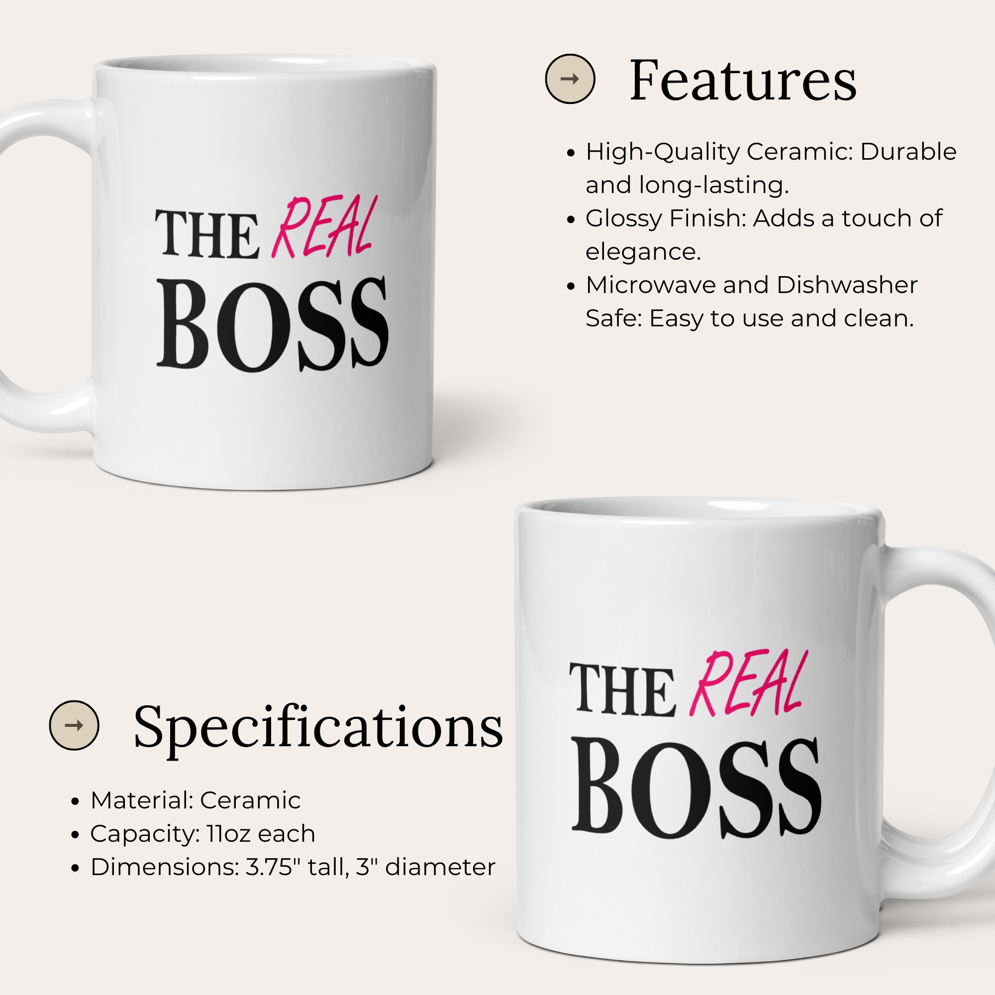 The Real Boss 11oz White Glossy Ceramic Mug - Funny Couples Boss Set (Pairs with "The Boss")