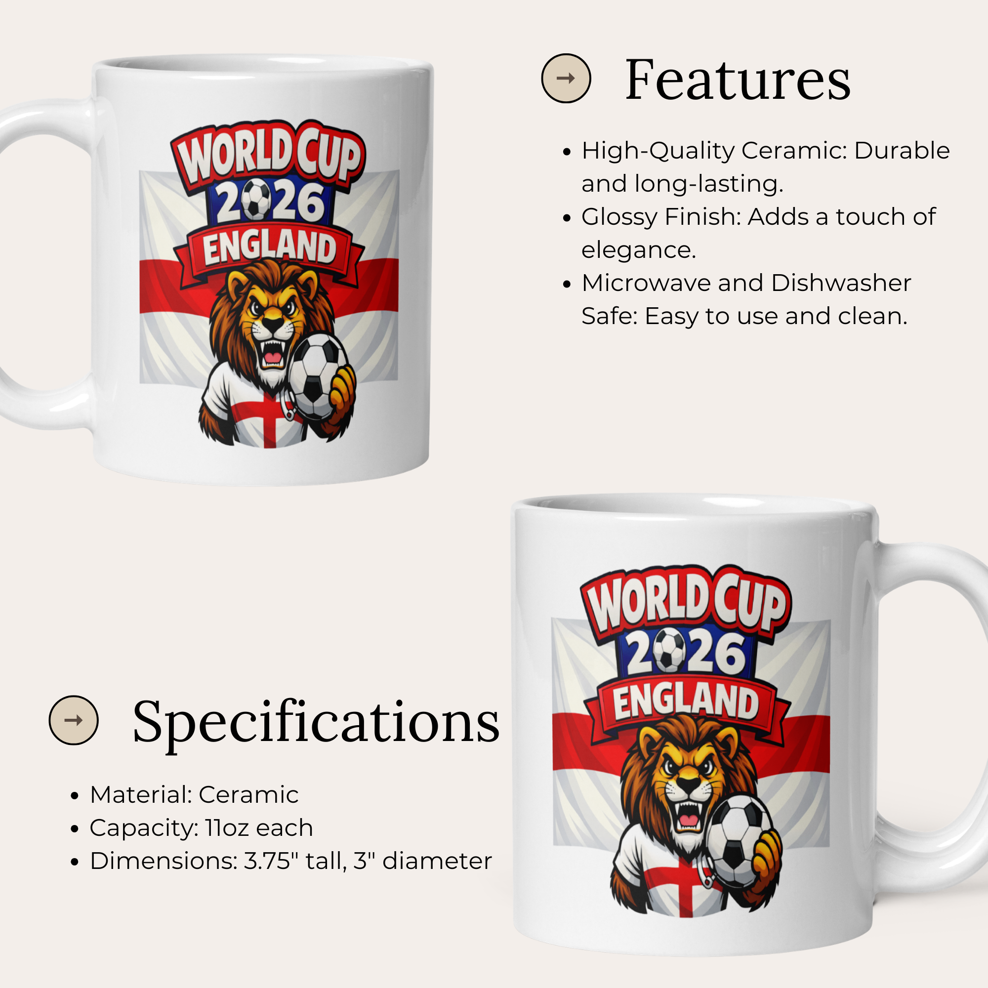 World Cup 2026 England 11oz White Glossy Ceramic Mug - Official Three Lions Football Fan Gift