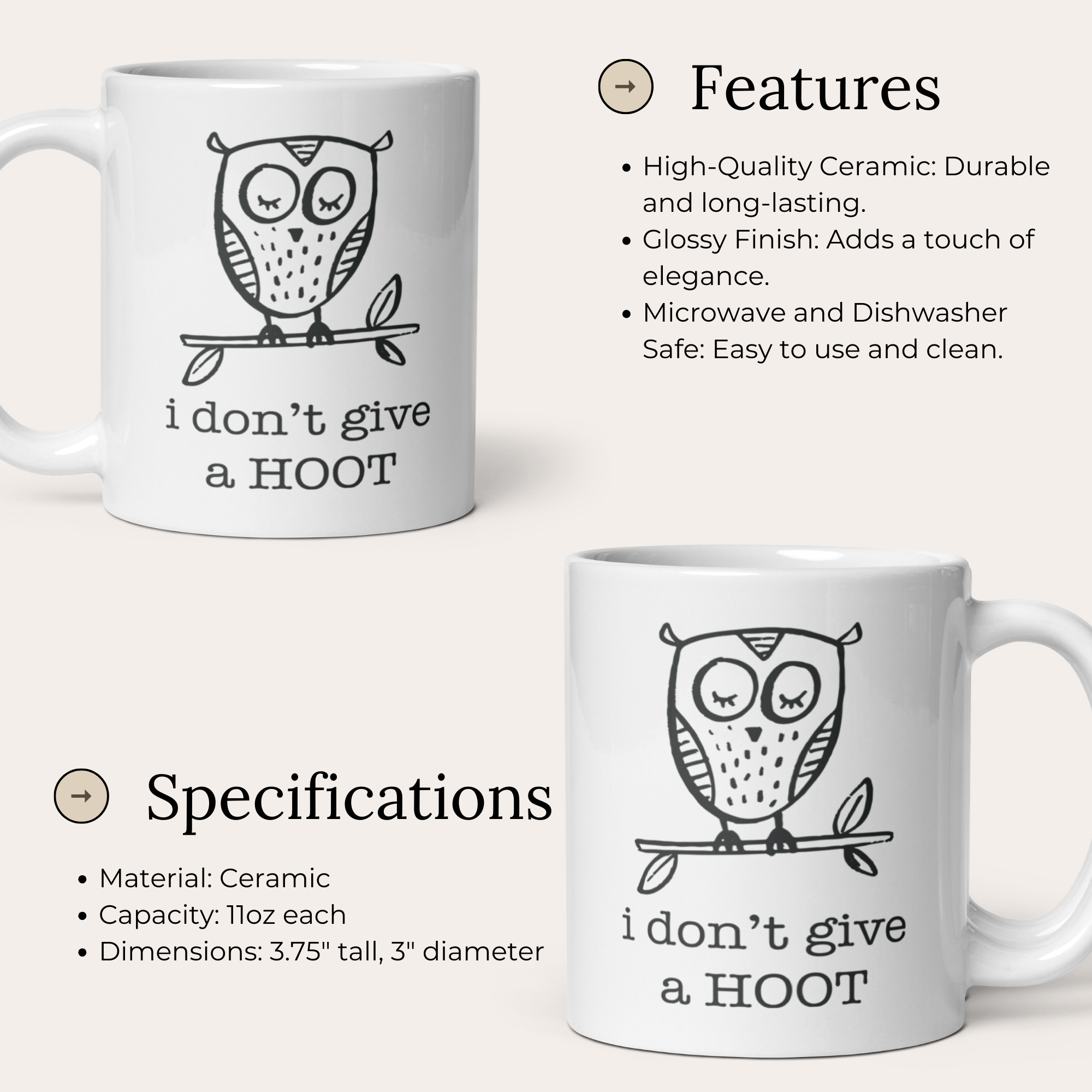 I Don't Give A Hoot 11oz White Glossy Ceramic Mug - Funny Owl Pun Gift Sarcastic Coffee Mug
