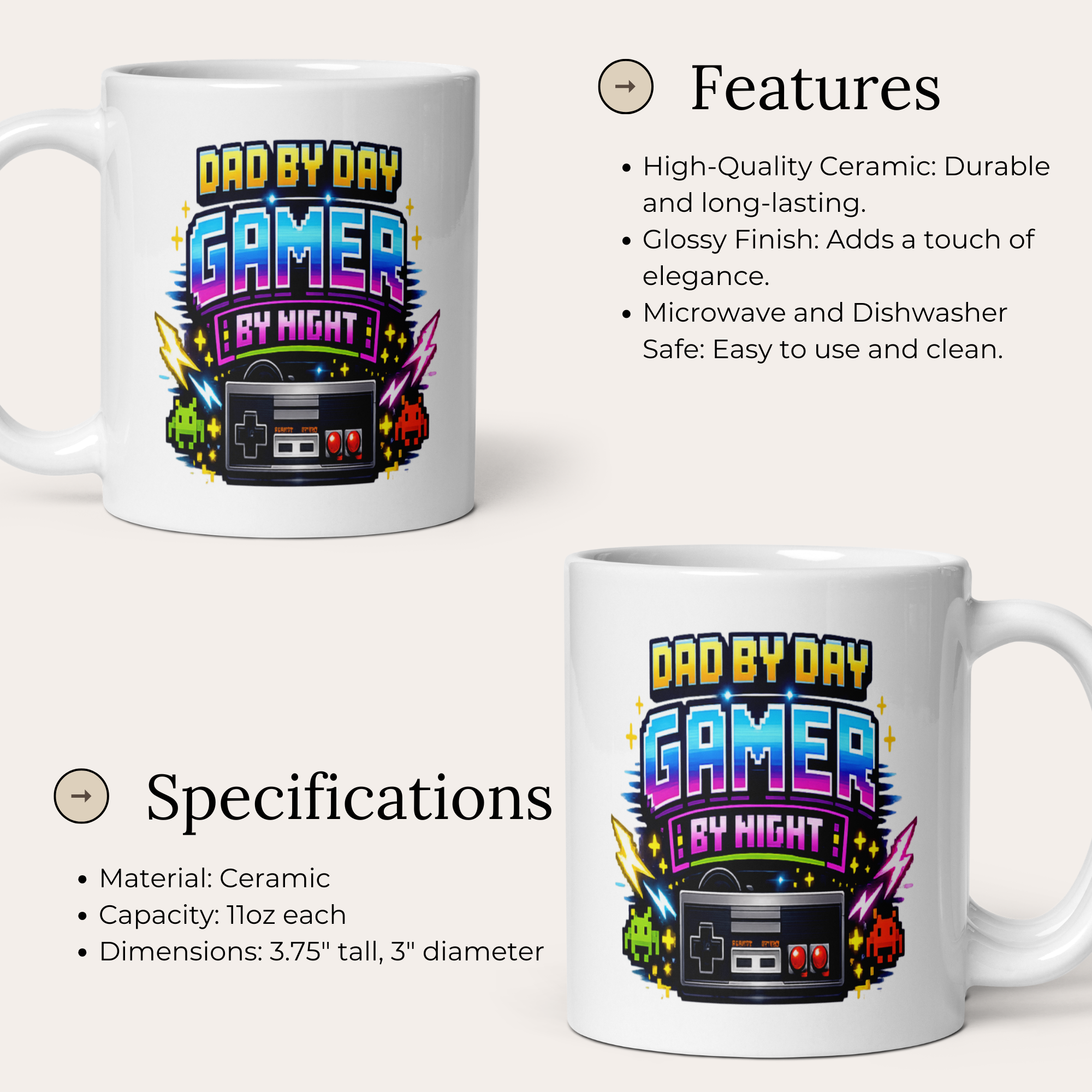 Dad By Day Gamer By Night 11oz White Glossy Ceramic Mug - Funny Gamer Dad Gift