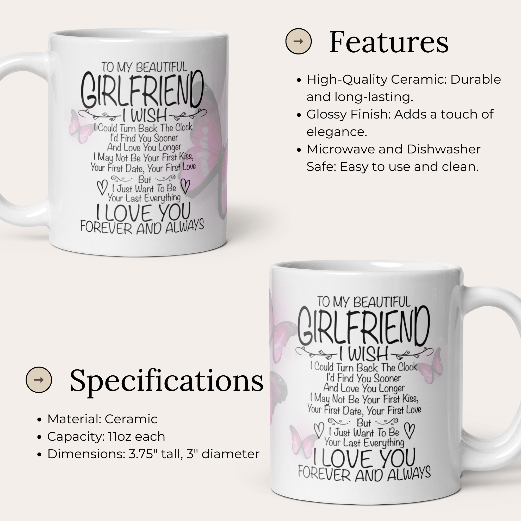 To My Beautiful Girlfriend I Wish I Could Turn Back The Clock 11oz White Glossy Ceramic Mug - Romantic Boyfriend to Girlfriend Gift