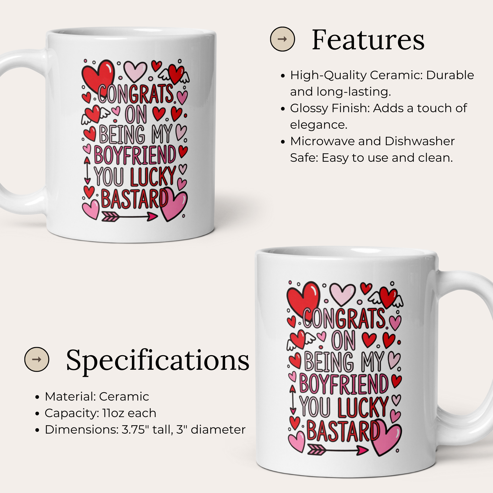 Congrats On Being My Boyfriend You Lucky Bastard 11oz White Glossy Ceramic Mug with Hearts - Funny Romantic Boyfriend Gift