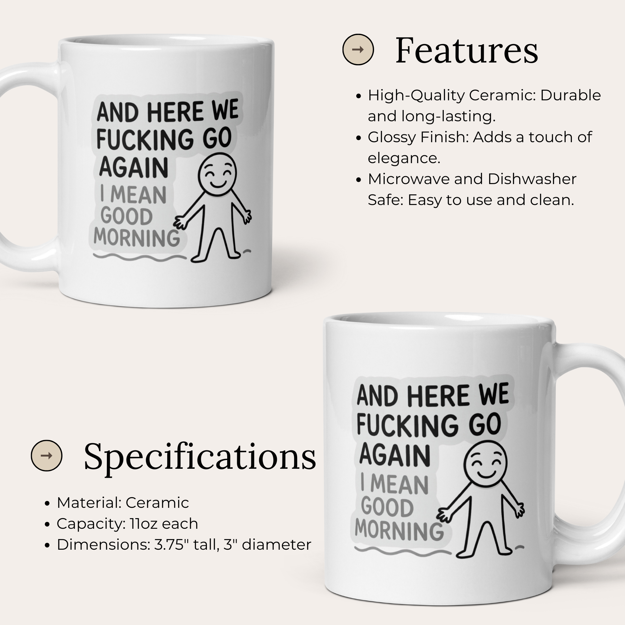 And Here We Fucking Go Again I Mean Good Morning 11oz White Glossy Ceramic Mug - Funny Sarcastic Coffee Mug