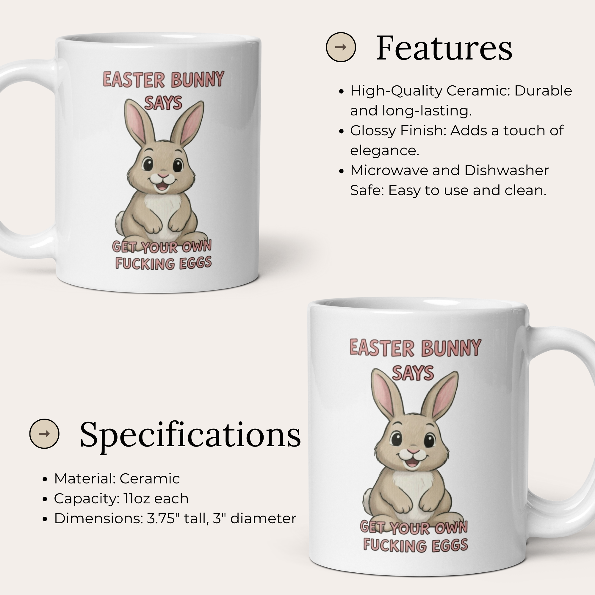 Easter Bunny Says Get Your Own Fucking Eggs 11oz White Glossy Ceramic Mug - Funny Easter Gift
