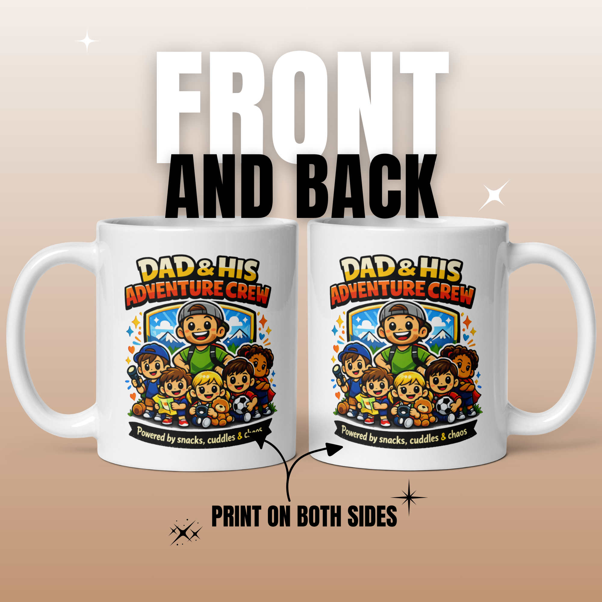 Dad & His Adventure Crew Mug – Powered by Snacks, Cuddles & Chaos
