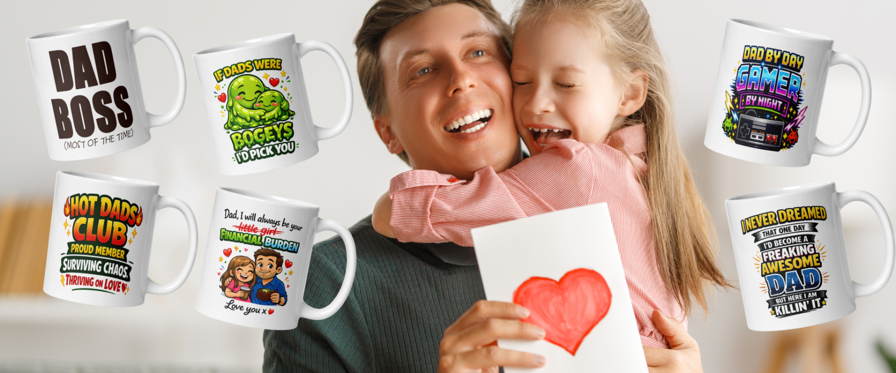 Father and daughter with Father's Day-themed mugs featuring humorous and affectionate sayings.