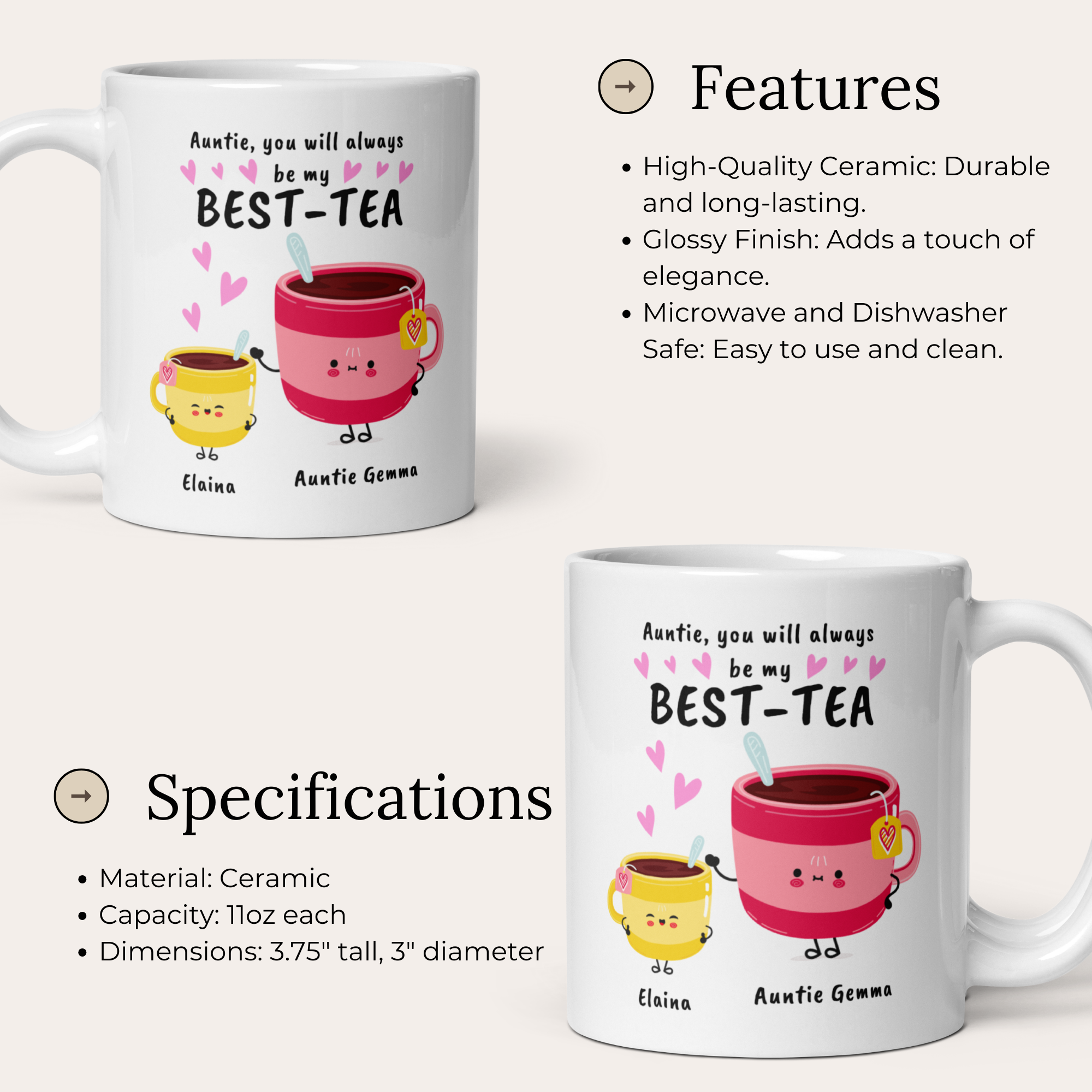 Personalised Auntie Best-Tea Mug - "Auntie [Name], You Will Always Be My Best-Tea" 11oz White Glossy Ceramic Mug - Custom Aunt Gift