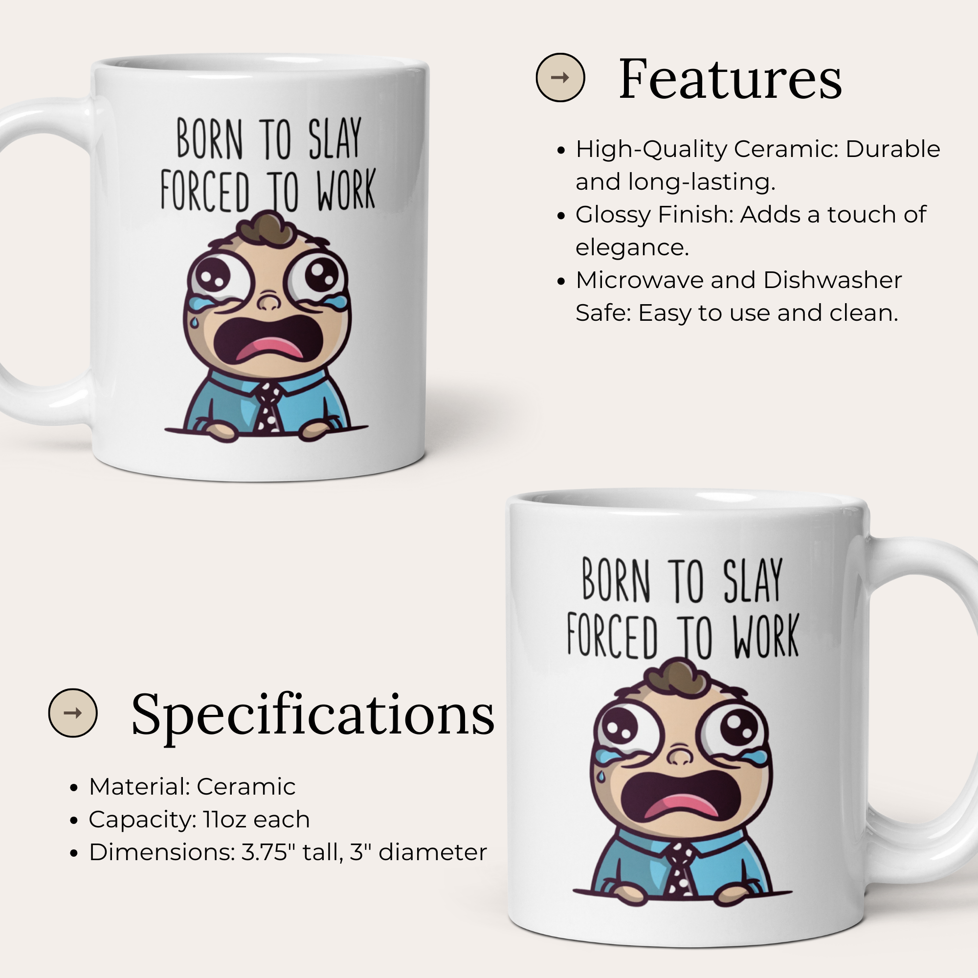 Born to Slay Forced to Work Mug - Funny Office Humour Gift 11oz Ceramic Coffee Mug with Worker Graphic