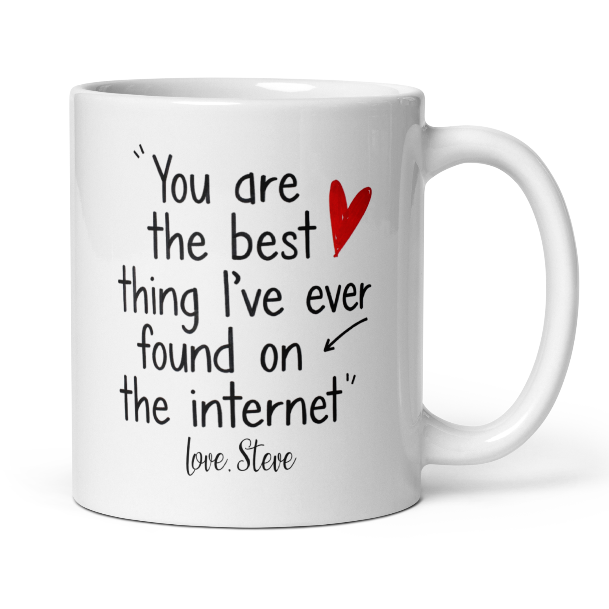 White mug with text and a red heart on a white background
