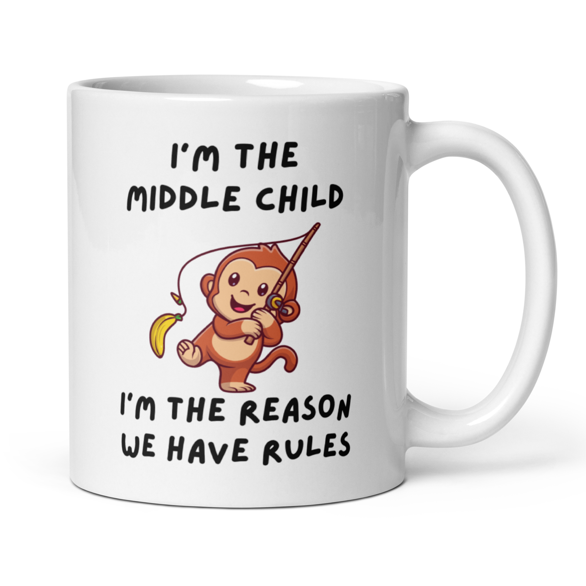 Cheeky Monkey Sibling Mug Set – Oldest Child, Middle Child (x2), Youngest Child | 4 White Glossy Ceramic Coffee Mugs, 11oz Fun Birth Order Gift