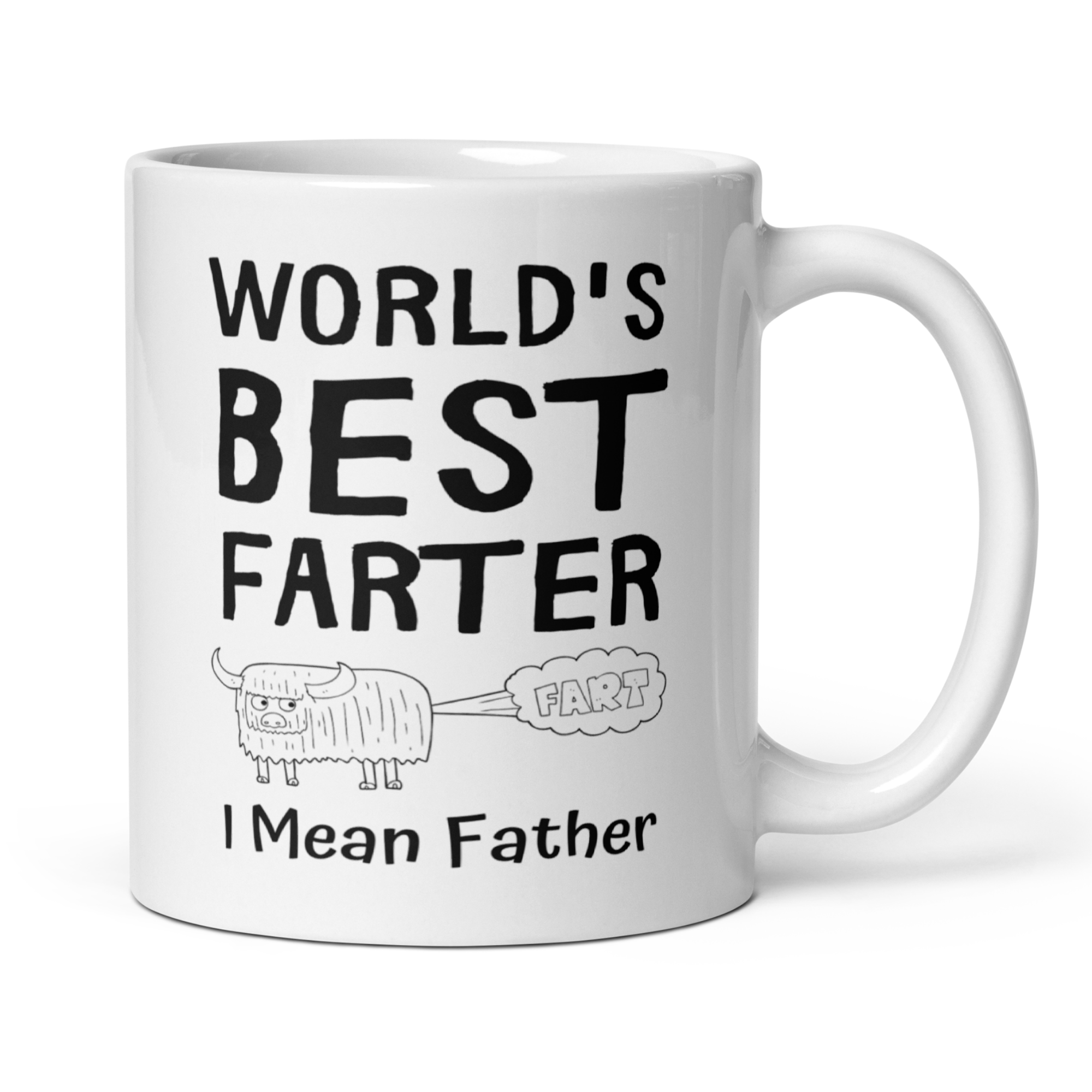 World's Best Farter I Mean Father 11oz White Glossy Ceramic Mug with Cartoon Ox Graphic